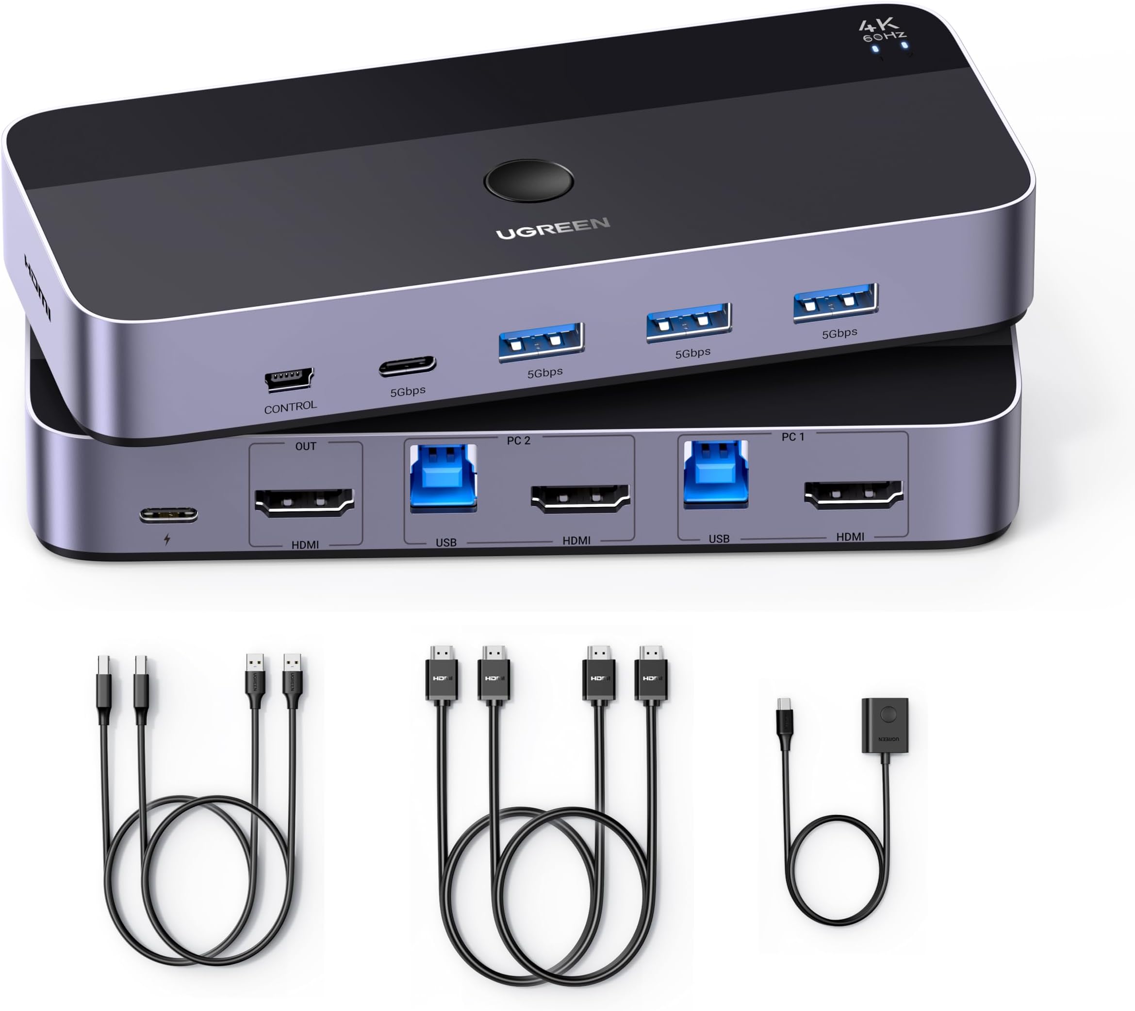 UGREEN USB 3.0 KVM HDMI Switch 4K@60Hz 2_Way High-Speed Transmission Share 3 USB + 1 Type-C Ports for Keyboard Mouse Hard Drives Printer to One Monitor with 2 USB Cables and 2 HDMI Cables