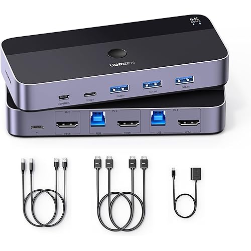 UGREEN HDMI KVM Switch 1 Monitor 2 Computers, Aluminum with 4 USB 3.0 Ports 4K@60Hz KVM Switches for 2 Computers Sharing One Monitor Keyboard Mouse Printer with 2 HDMI Cables, 2 USB Cables, Controller
