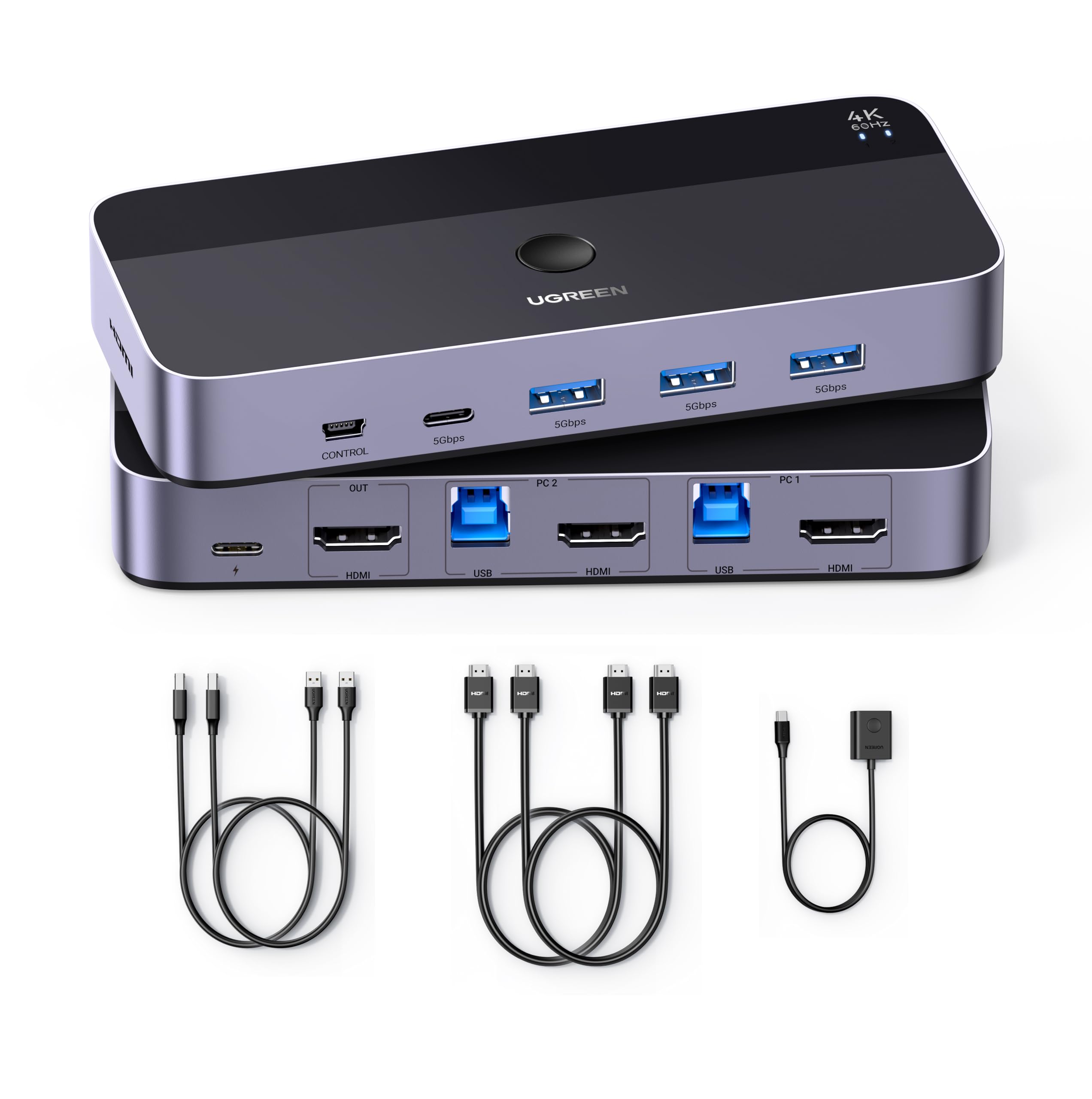 UGREEN HDMI KVM Switch 1 Monitor 2 Computers, with 4 USB 3.0 Ports 4K@60Hz KVM Switches for 2 Computers Sharing One Monitor Keyboard Mouse Printer with 2 HDMI Cables, 2 USB Cables, Controlle
