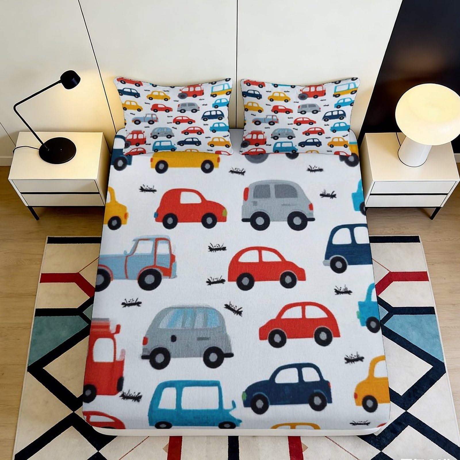 3D Printed Cartoon Car Fitted Sheet Microfiber Soft Bed Sheet Anti-Slip Machine Washable Decor for Bedroom Guestroom 90x200x25cm