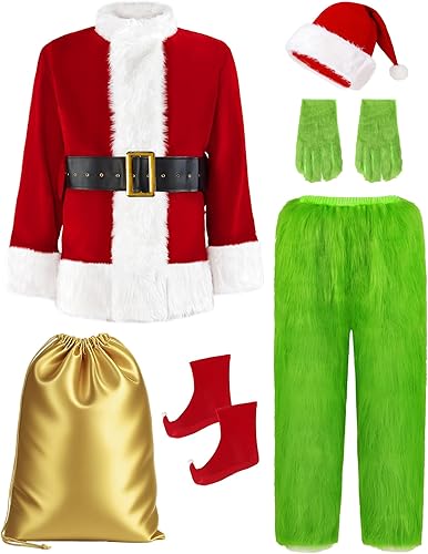 Disfraz de Navidad para hombres, traje de Papá Noel, 8 piezas, monstruo gigante verde peludo de lujo, para Halloween, vacaciones, cosplay