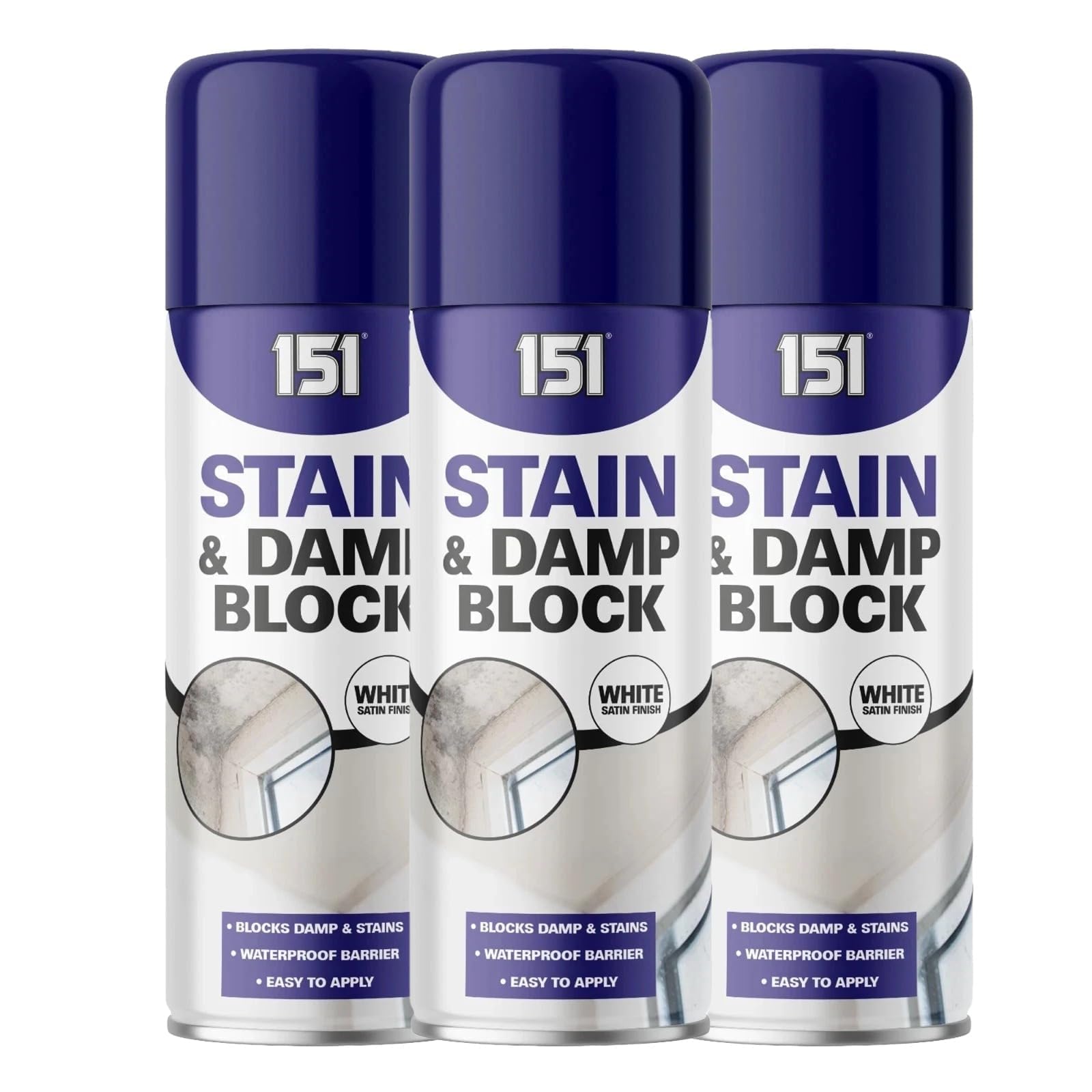 RIZZIIZ Stain & Damp Block aerosol Spray, white satin finish, waterproof barrier, dual action, primer and a sealer, designed for interior use to block stubborn stains and damp patches, 400ml (3PCS)
