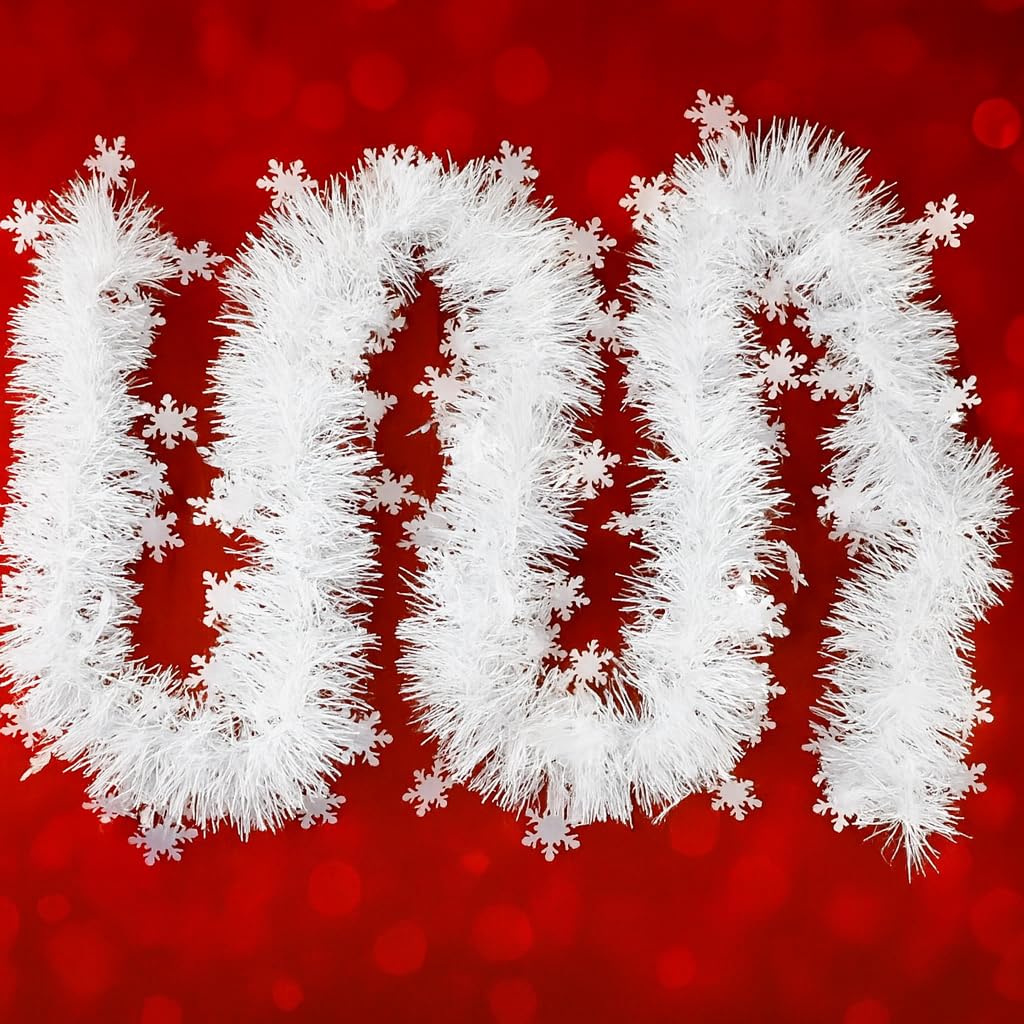 2 Pack 4M White Snowflake Tinsel Garland – Metallic Decorative Twist Garland for Parties, Events & Winter Home Decor Indoor Outdoor