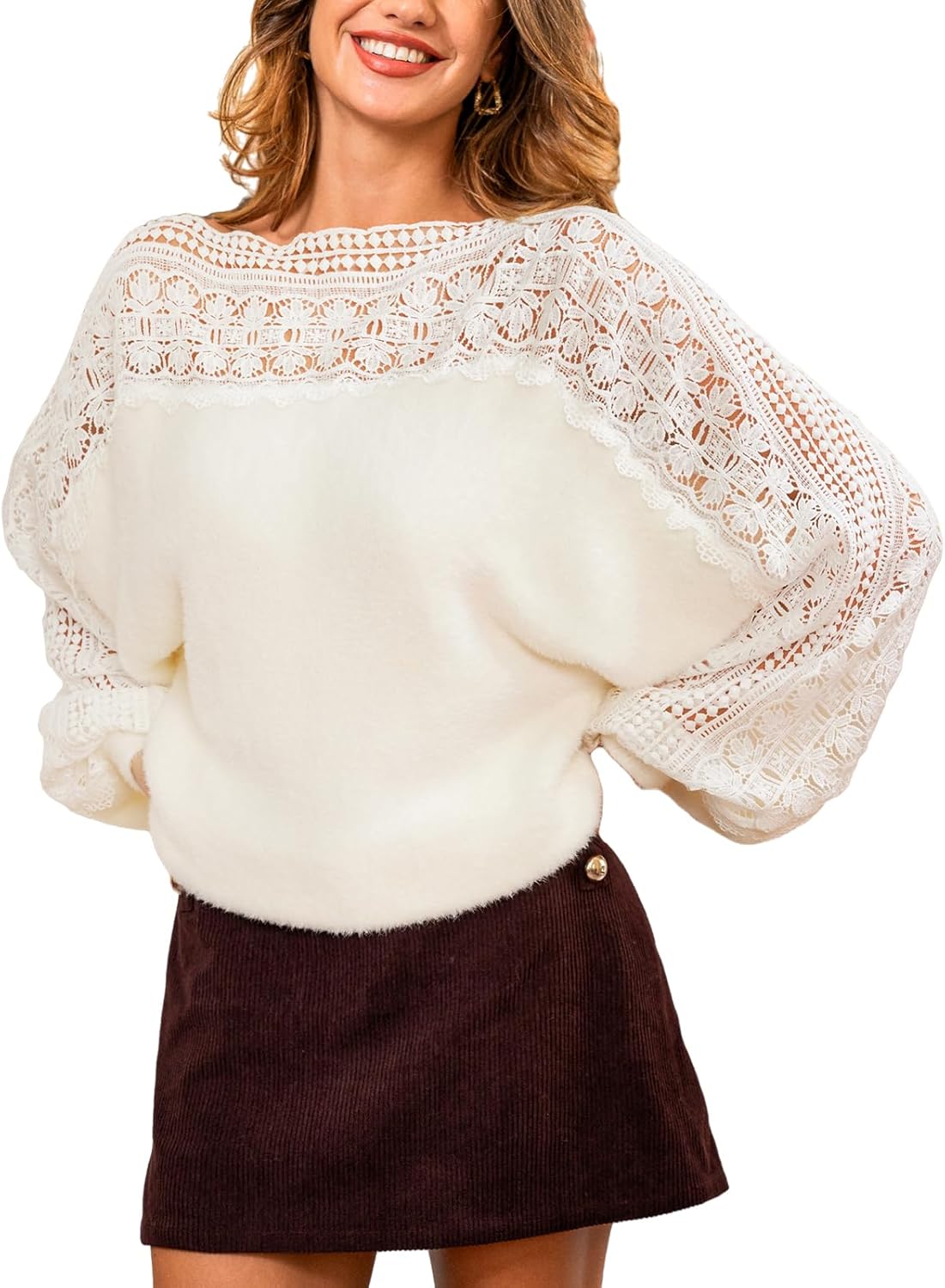 CUPSHE Women's Fall Sweater Long Sleeve Knit Lace Top Soft Lightweight Pullover Sweaters