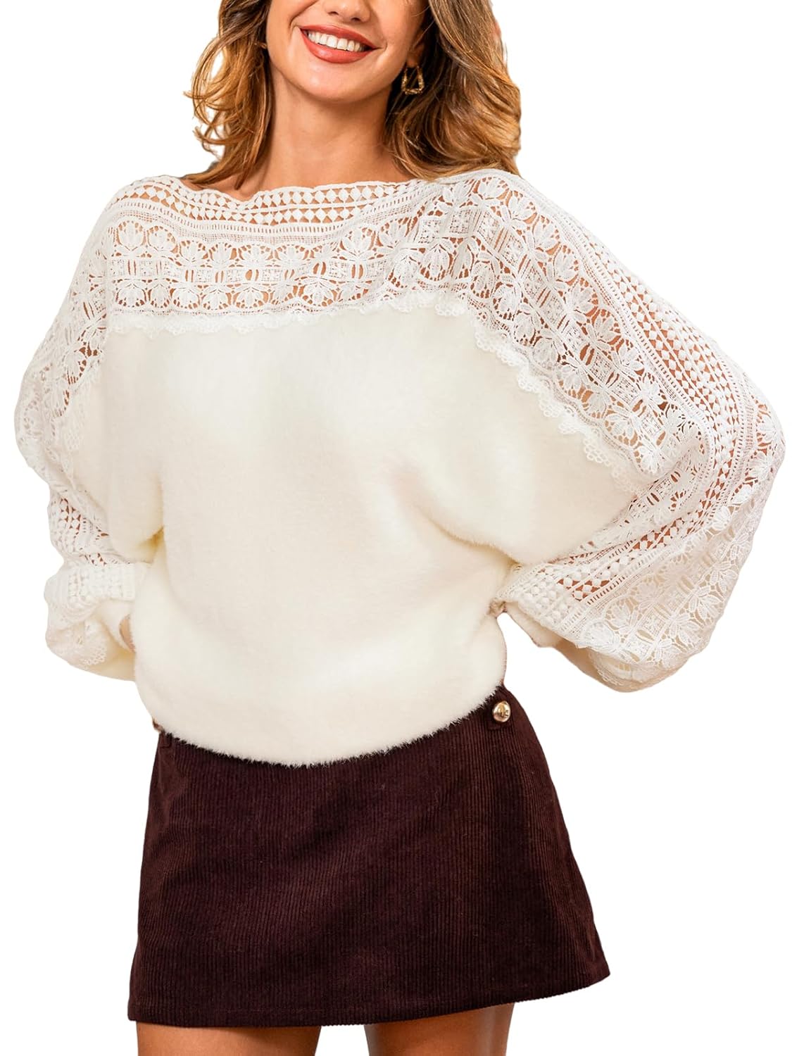 CUPSHE Womens Fall Sweater Long Sleeve Knit Lace Top Soft Lightweight Pullover Sweaters