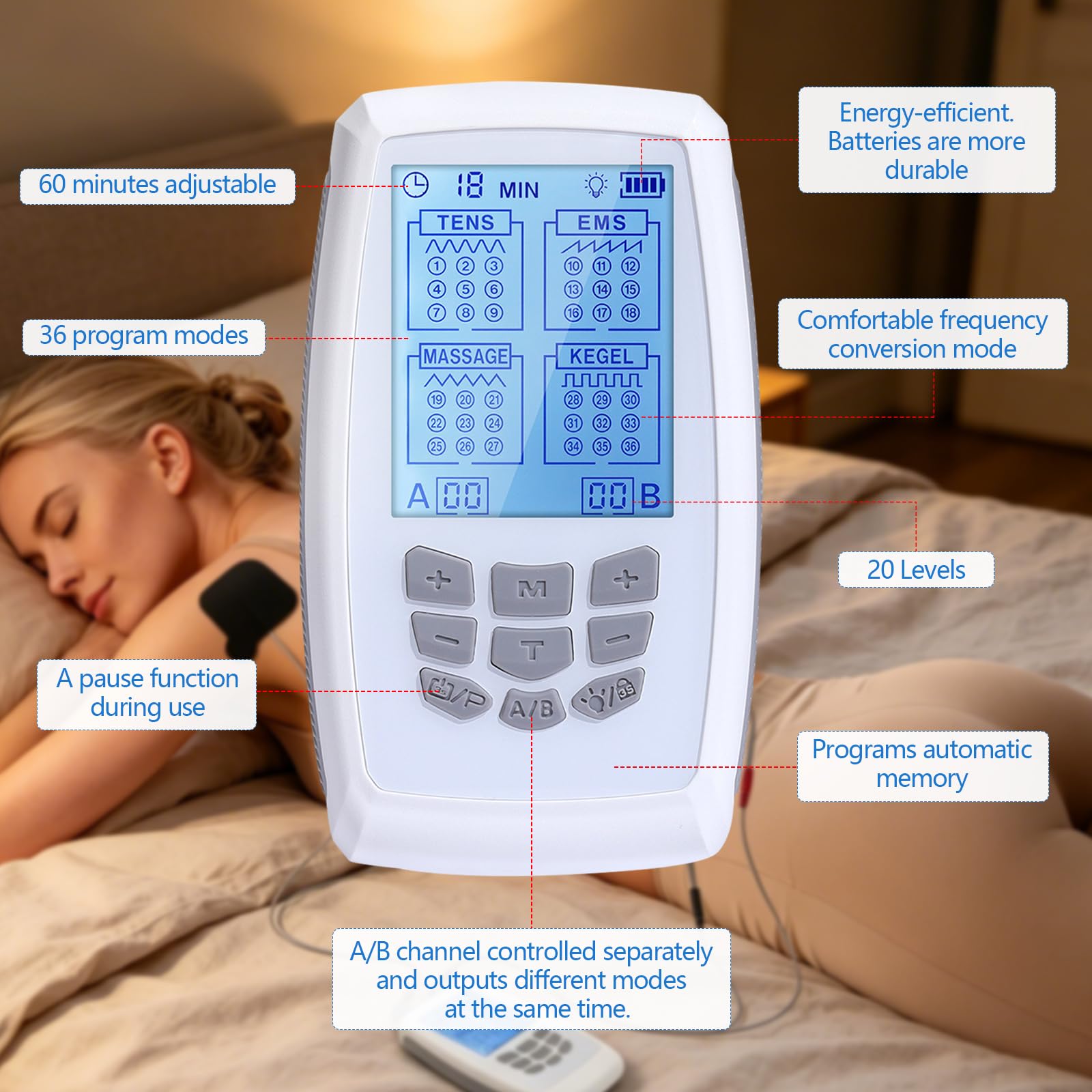 Allenatore per pavimenti pelvici 4-in‑1, TENS EMS per alleviare il dolore, 9 programmi a frequenza variabile per allenamento di stimolazione muscolare, massaggi e allenamento dei muscoli pelvici