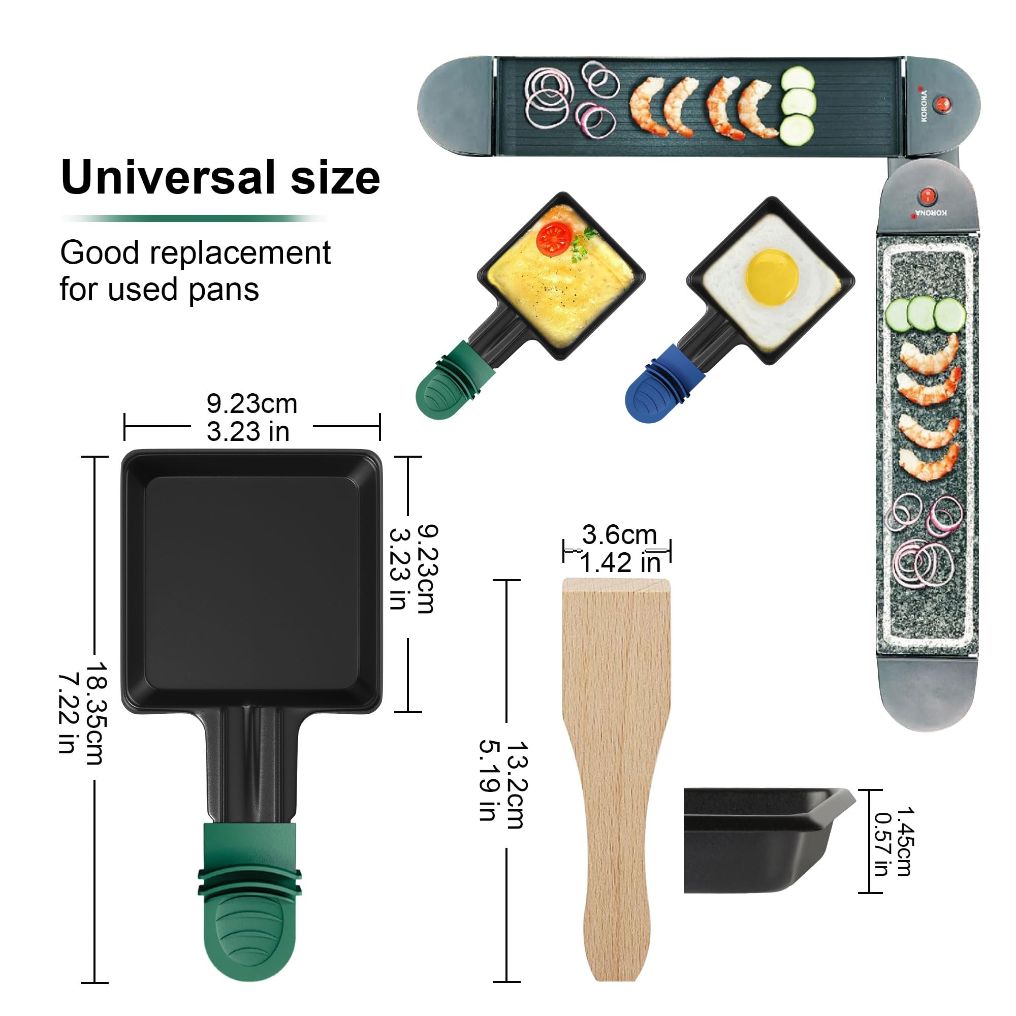 Yoassi 4 stuks mini-raclette-pannen, anti-aanbak-gourmetplaat met 4 nylon spatels, universele maat in 4 kleuren, anti-verbrandingsvrije handgrepen, vierkante gourmetpannen voor gesmolten eieren
