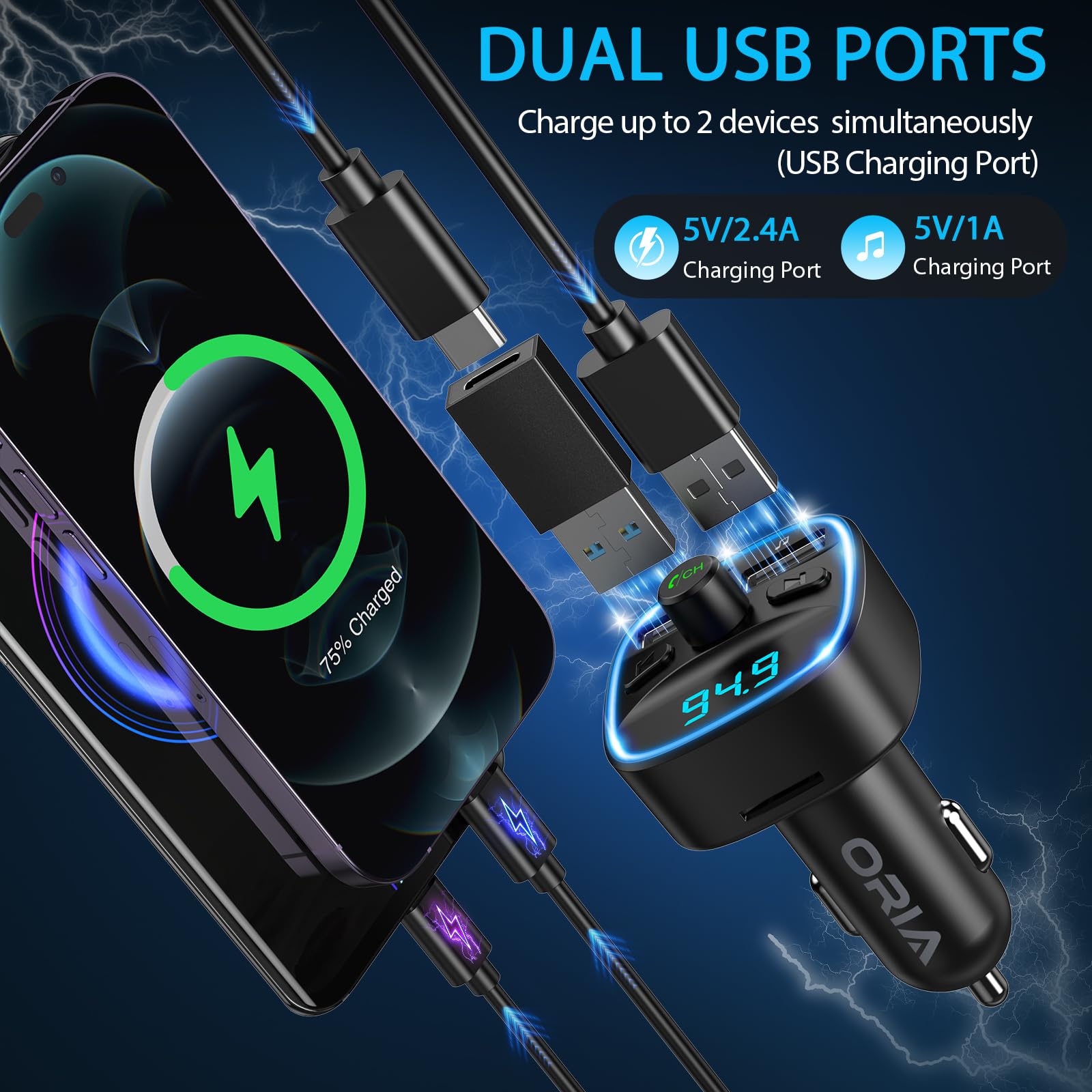 ORIA Samochodowy adapter Bluetooth, nadajnik FM Bluetooth 5.3 do radia samochodowego z podwójną ładowarką USB, połączenia bez użycia rąk, obsługa odtwarzacza muzycznego karty TF i dysku USB (w