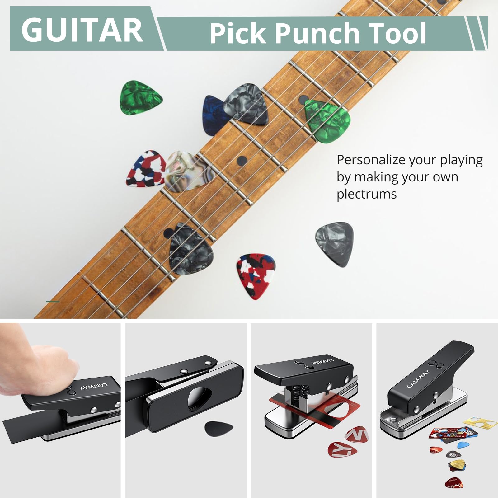 CAMWAY Kit de herramientas para perforar púas de guitarra con 25 tiras de