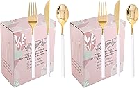 Vista 8 de WDF 180 cubiertos de plástico dorado con mango blanco, cubiertos desechables pesados, incluye 60 tenedores, 60 cucharas, 60 cuchillos para Acción
