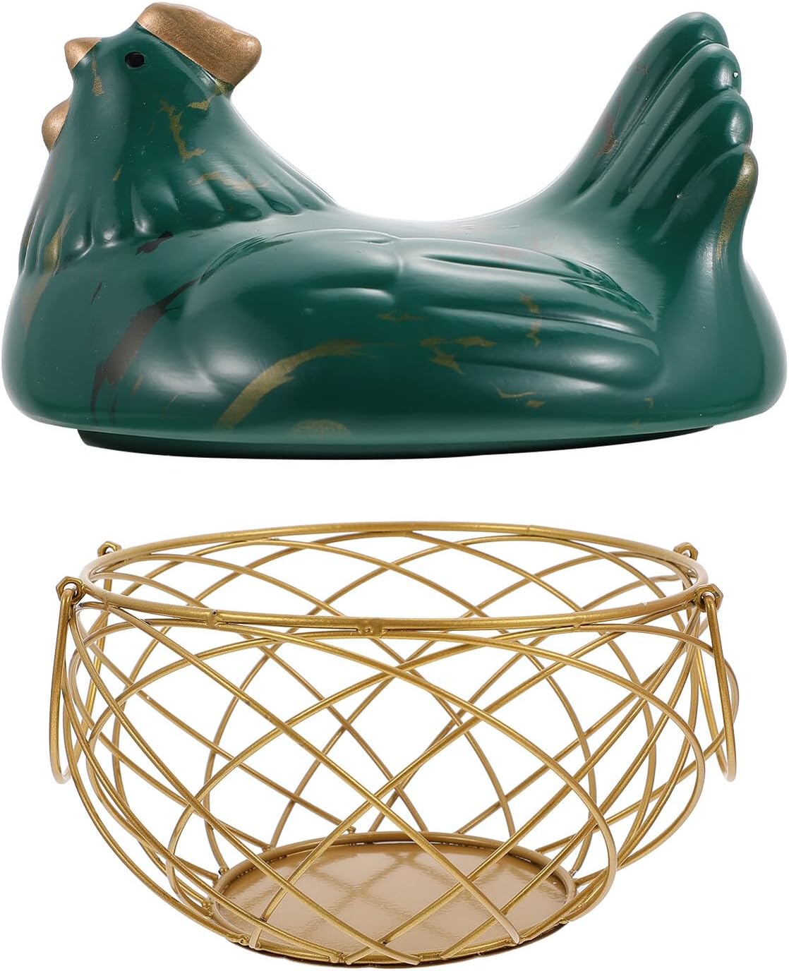 Iron Wire Egg Basket with Chicken Lid, Decorative Green and Metallic Fruit Storage Organizer, Snack and Kitchen Egg Holder for Countertop Use