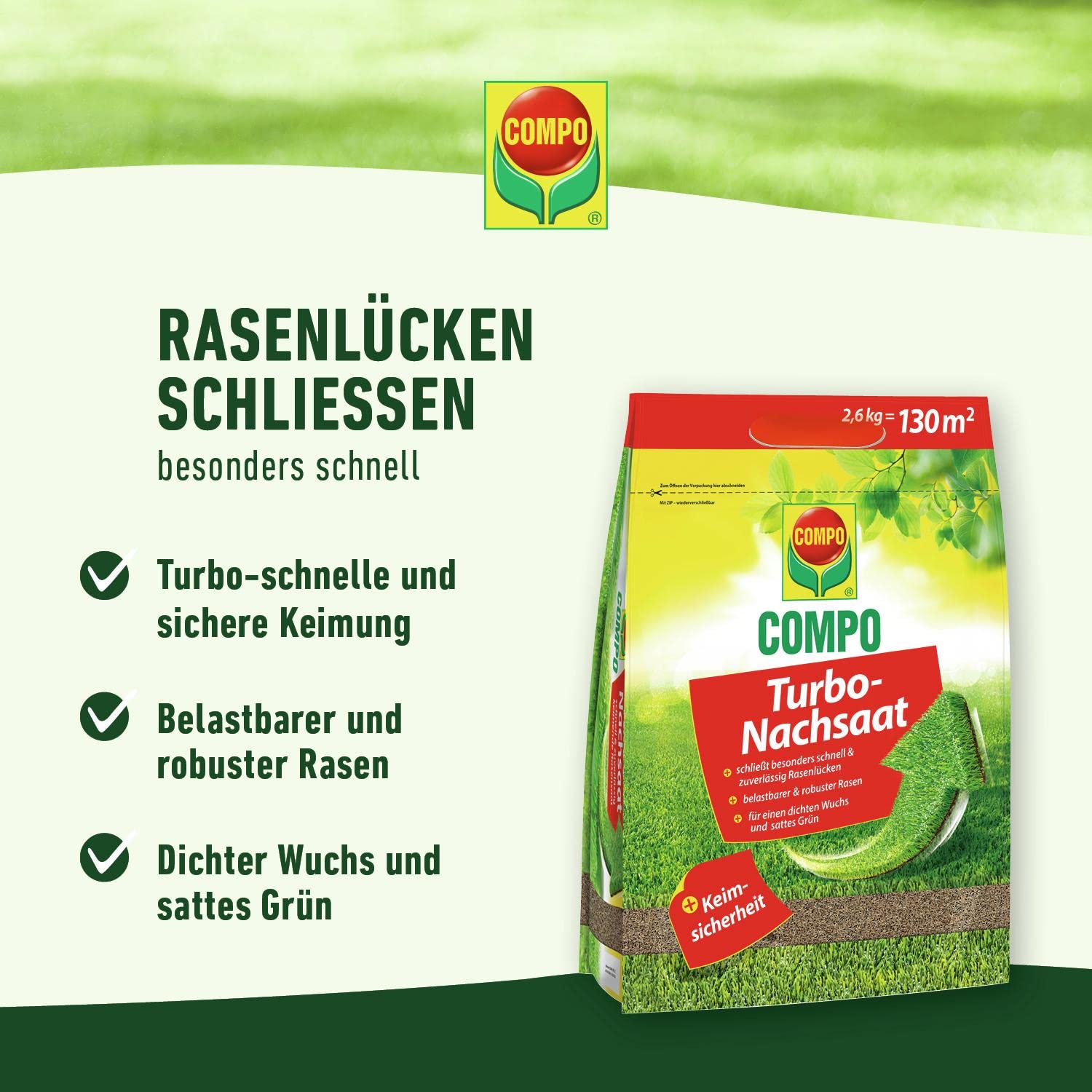COMPO Rasen-Set, Herbst-Rasen Langzeit-Dünger, Rasendünger, 3 Monate Langzeitwirkung, 10 kg, 500 m² und Turbo Nachsaat, Rasensamen, Mit Keimsicherheit, 2,6 kg, 130 m²