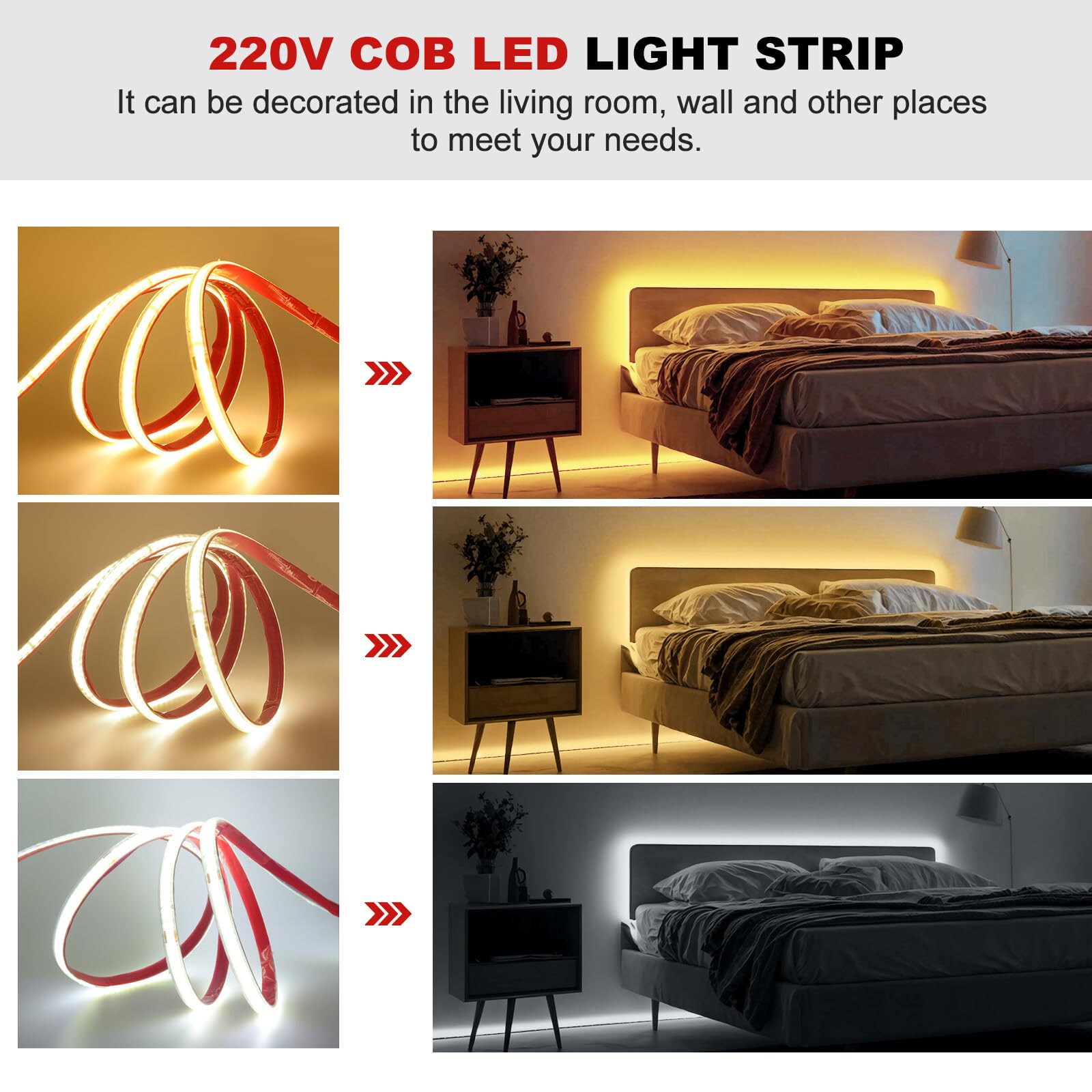 Tira LED COB 220V Con encendido/apagado [50M,Blanco 6000-6500K],IP65 impermeable flexible,240 LEDs/m Tira LED FCOB CRI85+,cortable cada 10cm,iluminación decorativa para hogar/tiendas