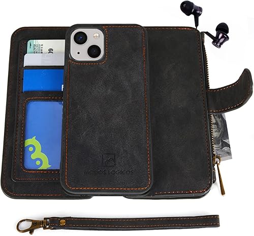 MODOS LOGICOS Funda compatible con iPhone 15 de 6.1 pulgadas, cartera desmontable, almacenamiento en efectivo con cremallera, hasta 14 ranuras para