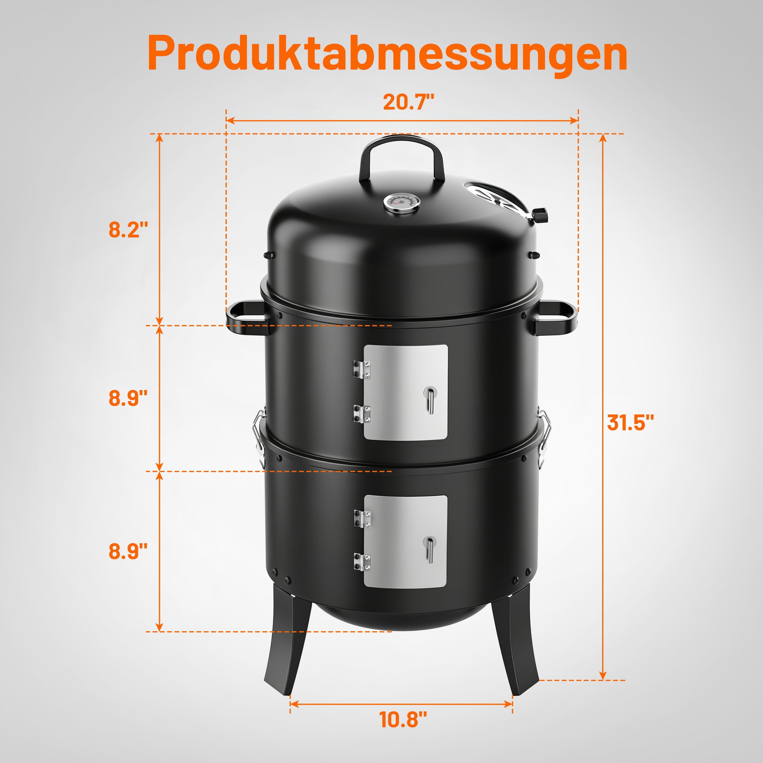 KEYO GRILL Tragbarer Räucherofen - 342 Quadratzoll, Robuster 3-in-1-Holzkohlegrill mit 2 Edelstahlrosten & Eingebautem Thermometer, Campinggrill für Garten, Schuppen, Terrasse