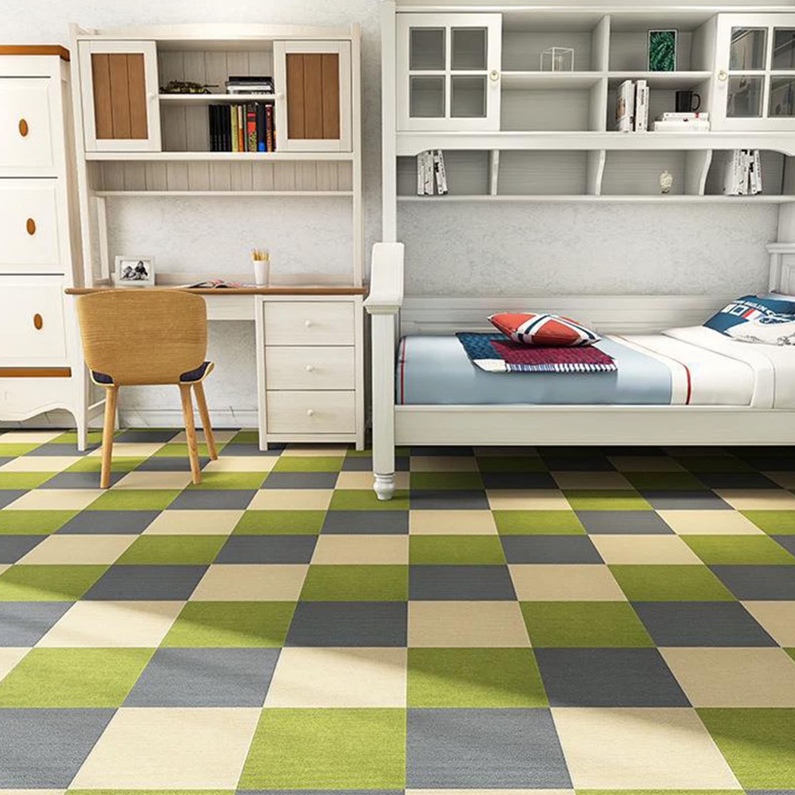 Carpet Tiles Peel and Stick, Self Adhesive Carpet Tiles 12 Pcs Multicolor Peel and Stick Seamless Floor Mat(Grey+Camel+Green)