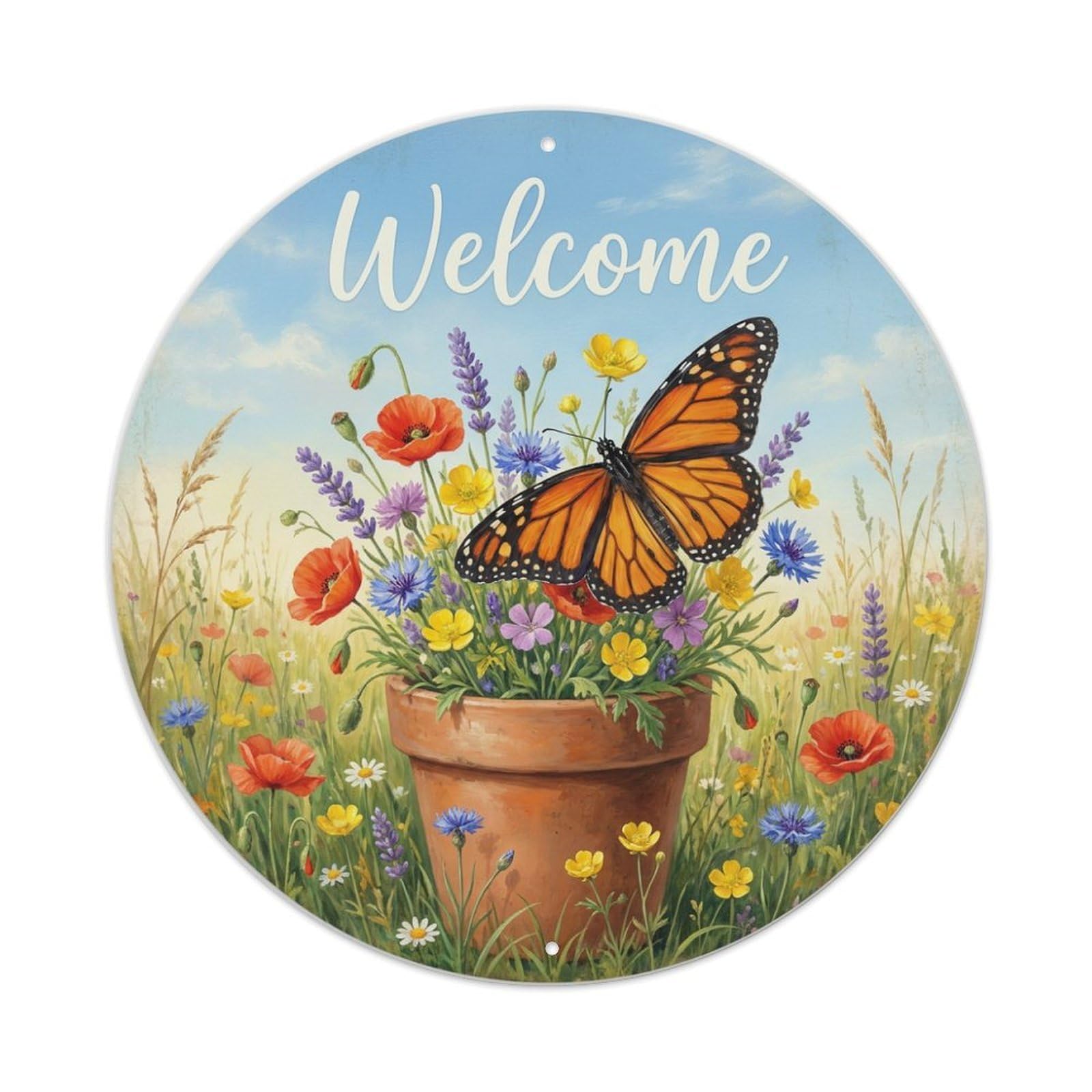 Metal Tin Sign Welcome Butterfly Wildflower