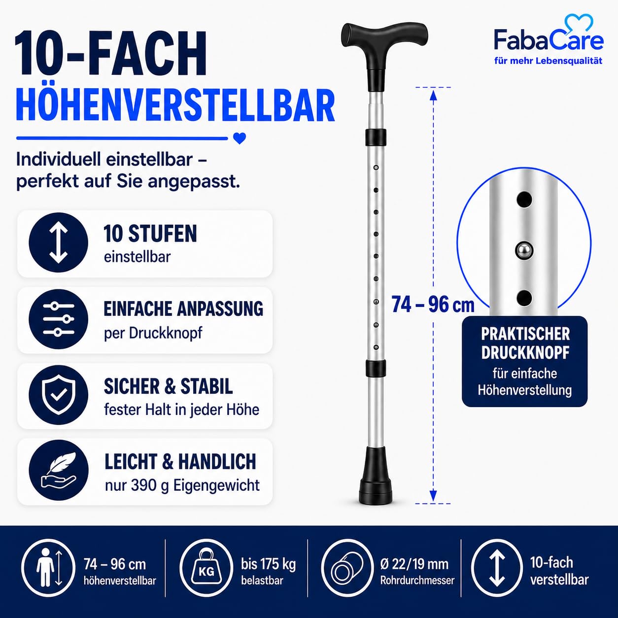 FabaCare Gehstock Simplex XXL, Gehstütze mit Fritzgriff, höhenverstellbar, extra leicht, bis 175 kg, Silber Eloxiert