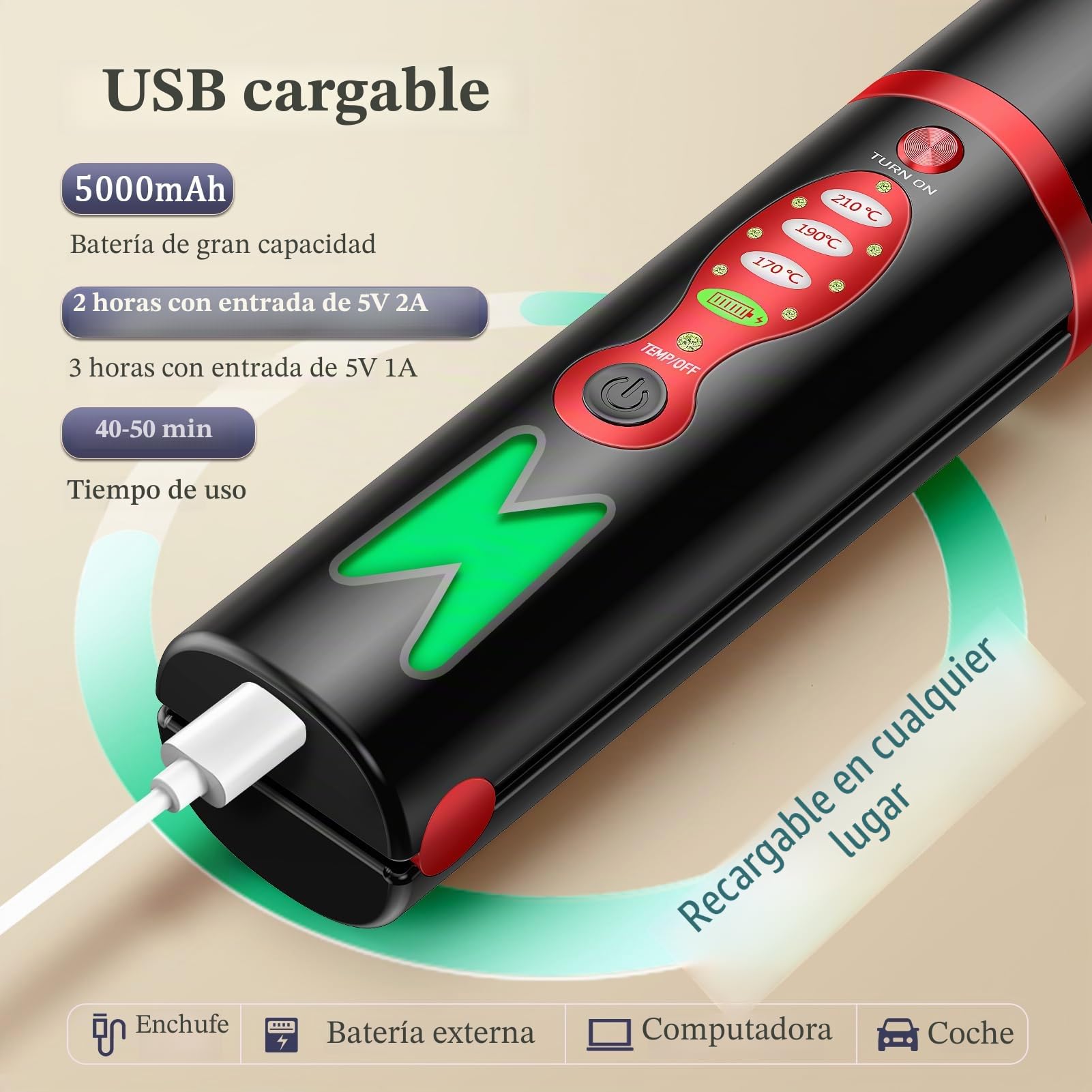 Plancha de pelo y rizador de titanio inalámbrica, mini plancha portátil USB recargable de calor rápido con batería de 5 V/5000 mAh, antiquemaduras de 3 niveles para un cabello liso y brillante (Negro)
