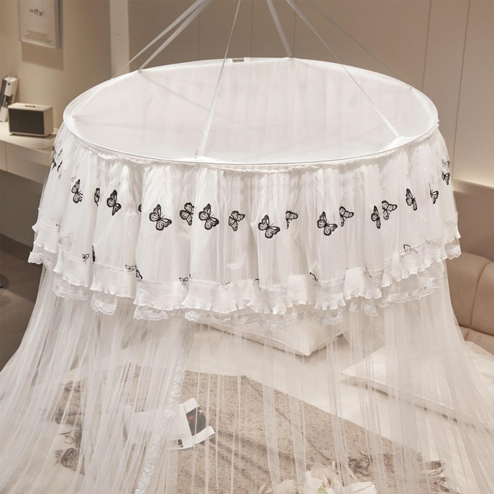 SARKEY Transparenter Netz Kuppel Bettvorhang,Prinzessinnen Betthimmel,Hängende Bettnetzabdeckung Für Schlafzimmer,Runde,Eleganter,Erwachsene,Hochzeit Dekoration