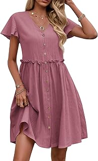 Summer Dress with Flutter Sleeves - Cotton Linen Beach A Line Casual Dress - Buy now