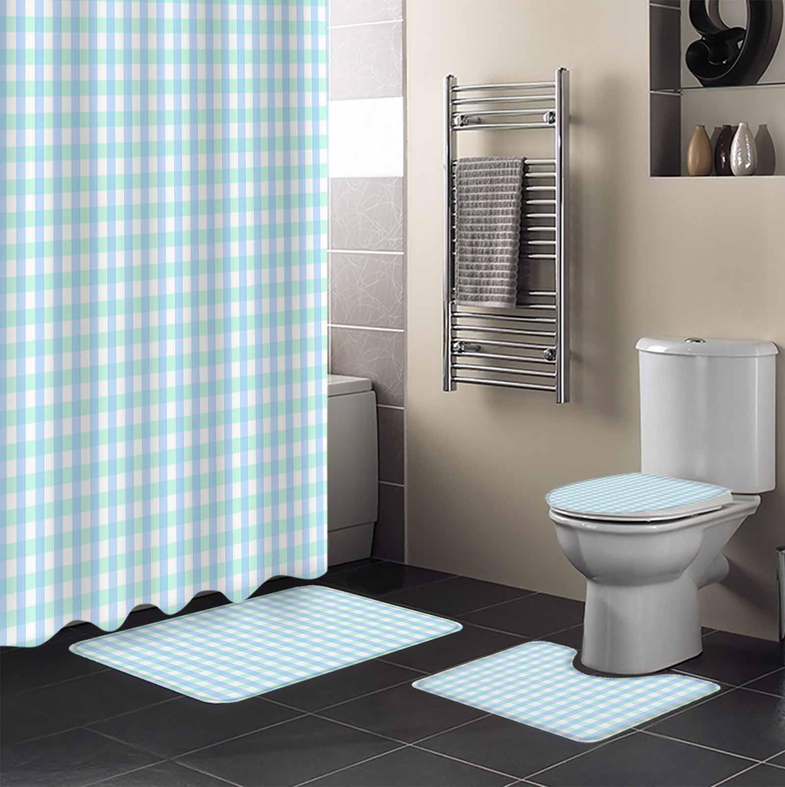 Aqua Blue Green Bathroom Set with Shower Curtain and Rug Accessories - 36x72 Inches Long Checkered Plaid Gingham Lattice Trellis Stall Curtain Waterproof with Large Bath Mat,Washable Runner Rug Set