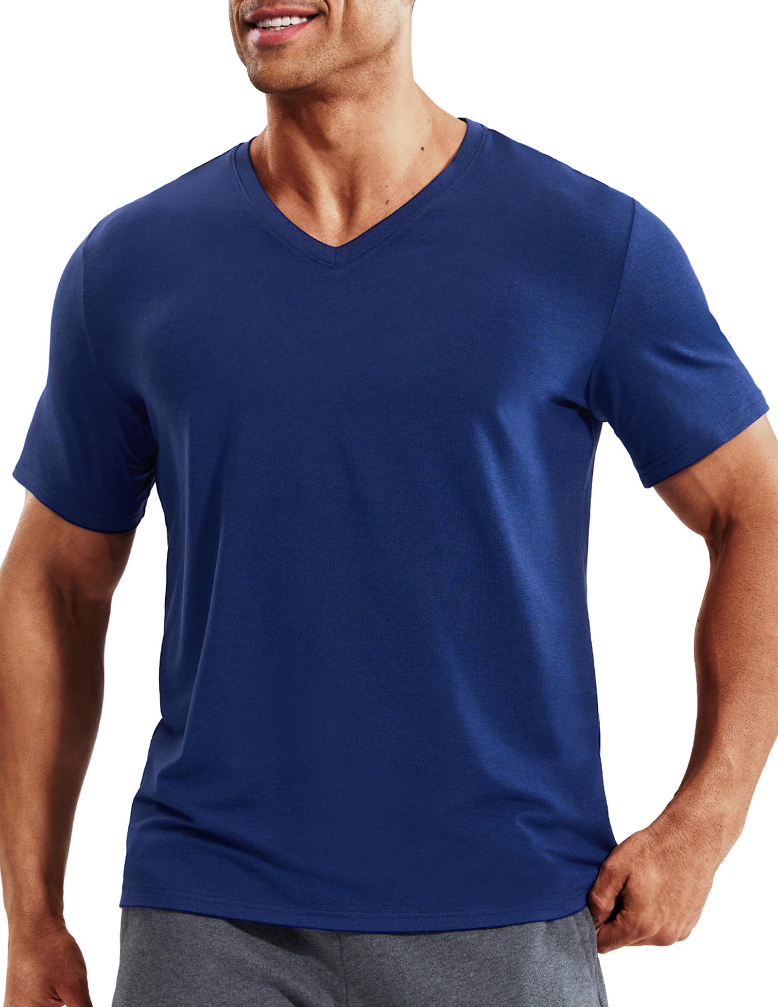 MIER Camiseta de manga corta con cuello en V para hombre, de ajuste seco, suave, absorbe la humedad, para correr, atletismo, gimnasio, informal, para hombre