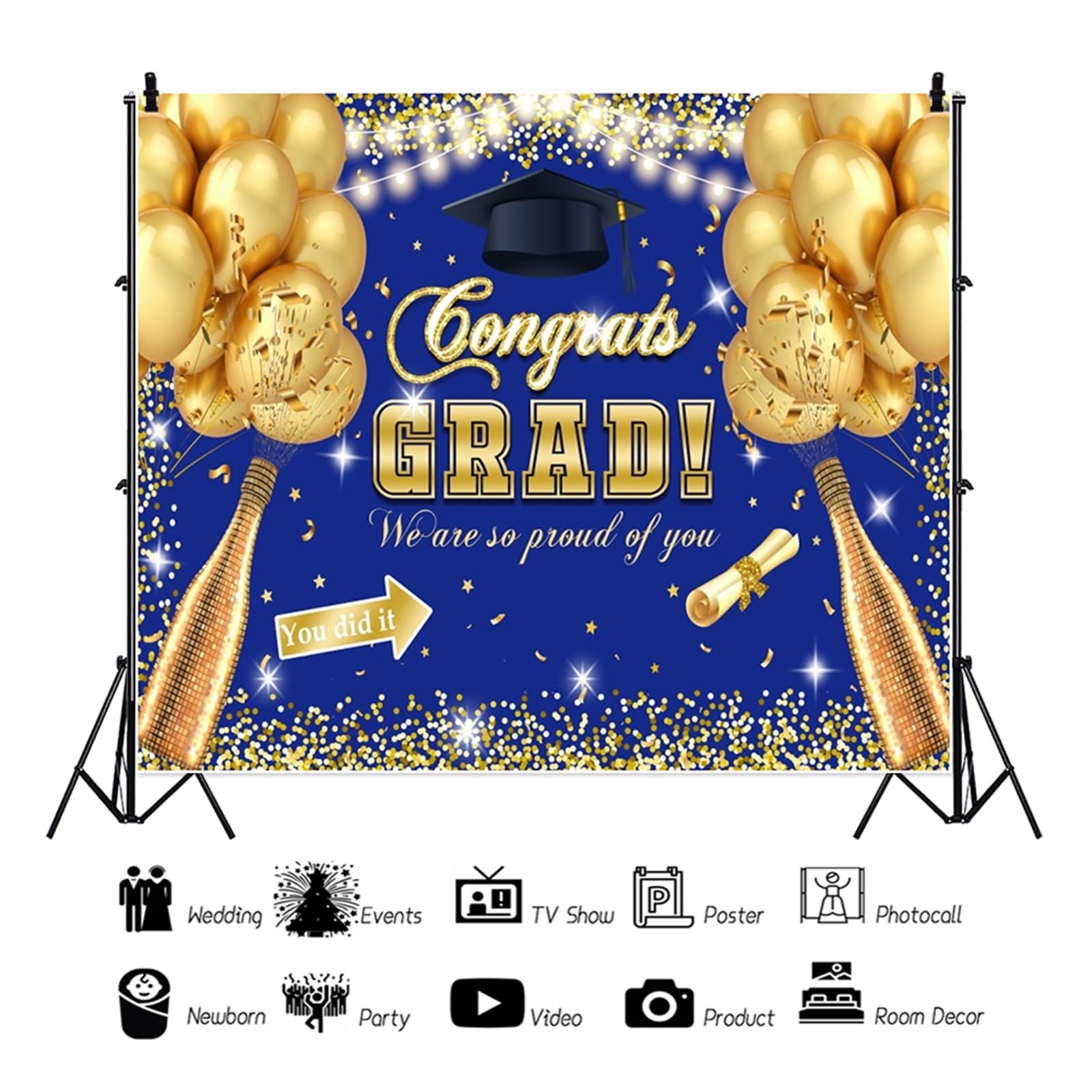 2025 Graduation Backdrop - 10x8ft Blue And Gold Photo Background For Grad Parties