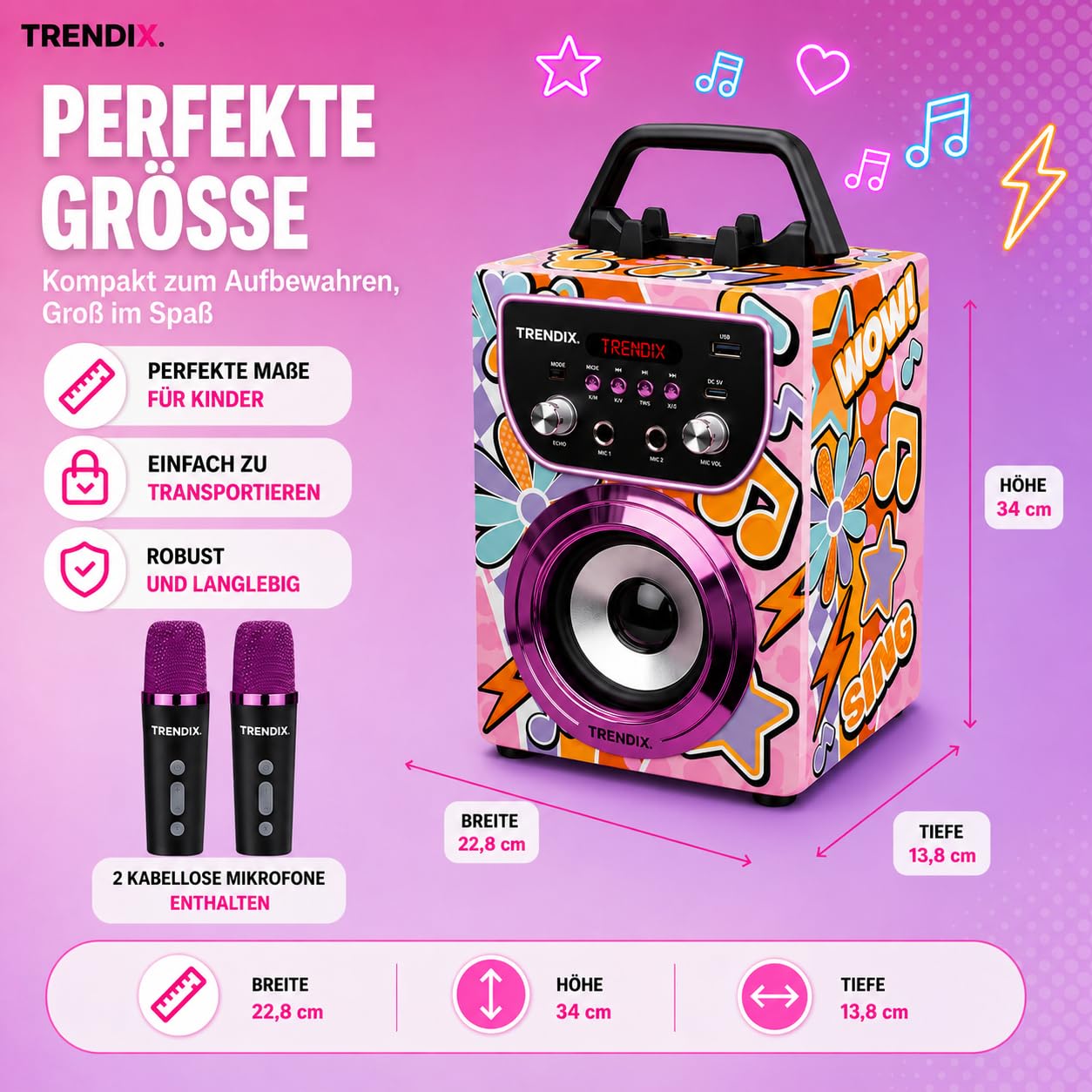 Trendix - Karaoke Maschine Kinder Magic Melody | Karaoke Anlage Mit 2 Mikrofonen | Musikbox Kinder Radio Fm, USB, Bluetooth Und Sd | Kinder Musikbox | Geschenk Mädchen 6 Jahre