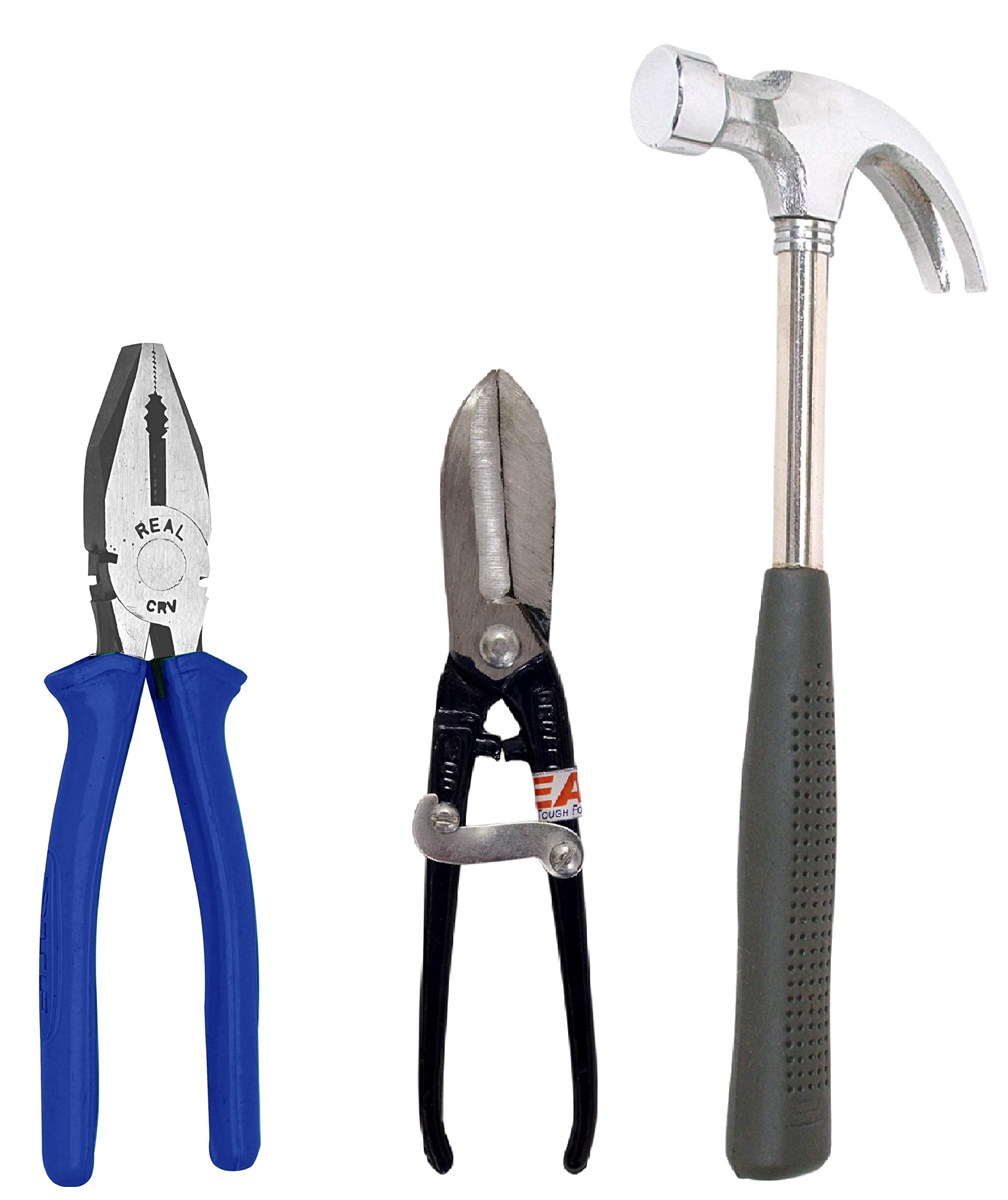 Multi Hand Tool Kit 3 Pc. - Combination Side Cutting Plier 8" / 200 mm, Claw Hammer 1/2 LB Tubular Steel Handle with Rubber Grip, Tin Cutter 8''