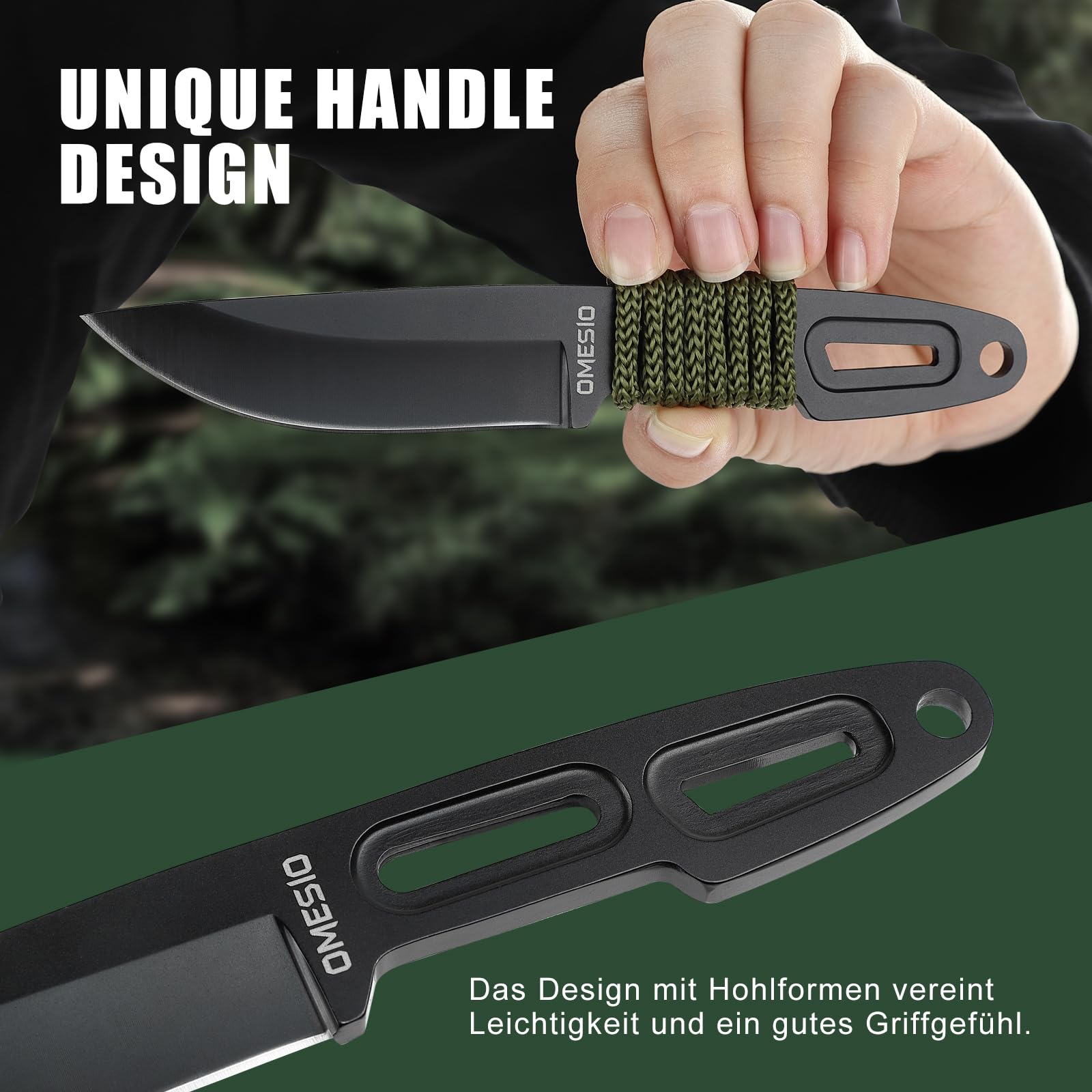 Omesio Cuchillo de cinturón pequeño EDC, hoja 8 cm 5Cr13MoV, full tang con funda y cordón. Ligero, resistente y apto para porte horizontal. Ideal para camping y senderismo.