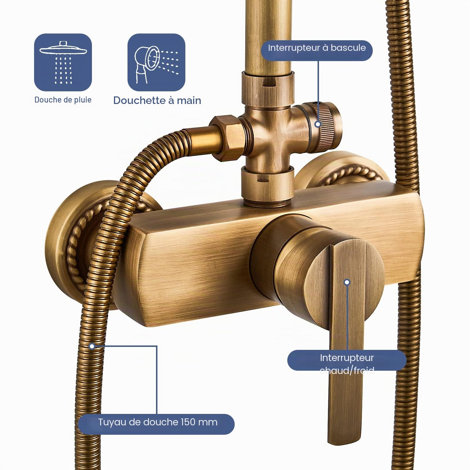 Colonne de Douche Laiton Rétro Ensemble de Douche Antique Système de Douche Mural Set Kit de Douche avec Mitigeur Réglable en Hauteur 70 à 120 cm