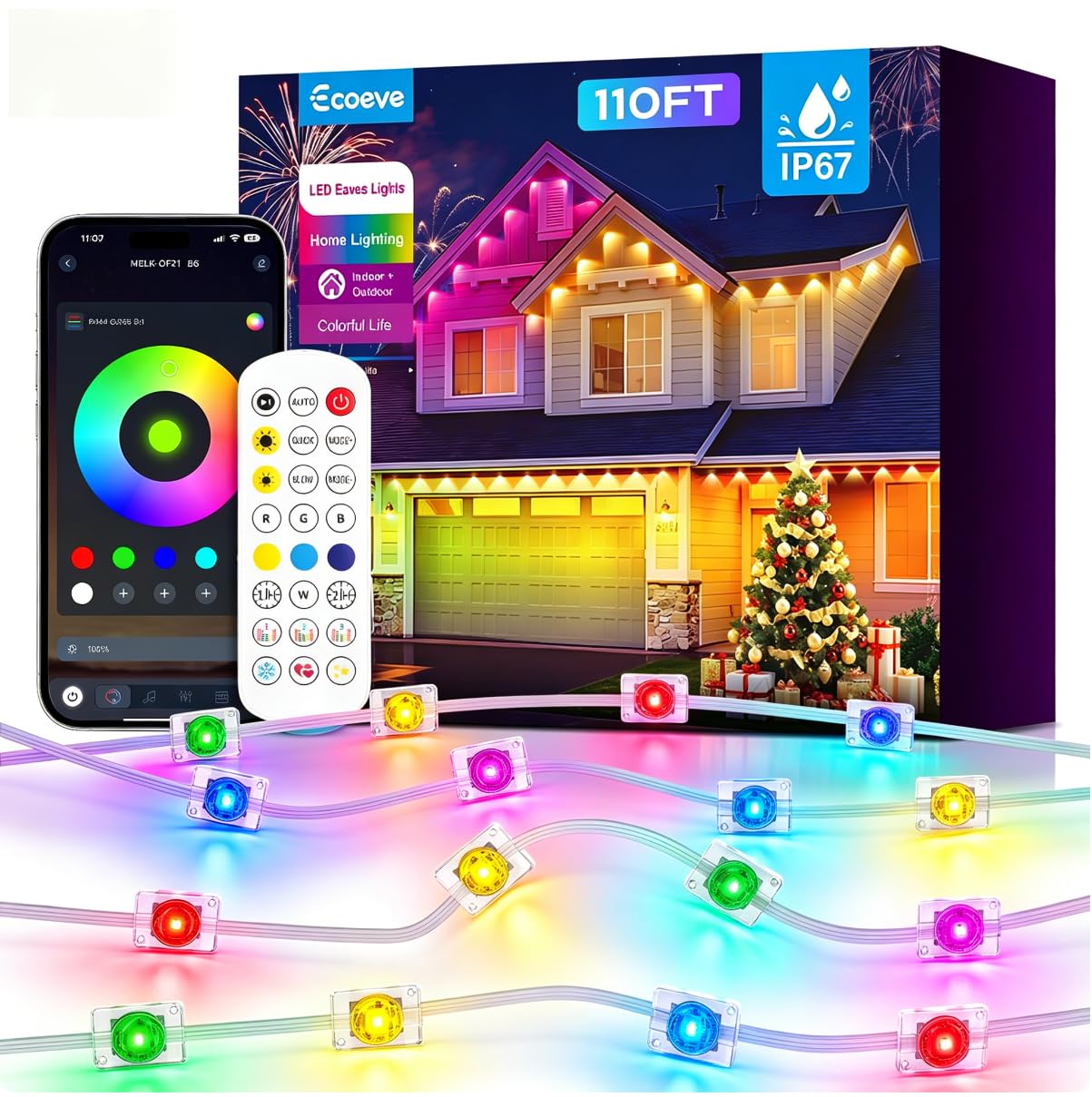 Photo 1 of Ecoeve Permanent Outdoor Lights for House,100ft RGB+IC Lights with 16 Million Colors & 50 Scene Modes, App/Remote Control, IP67 Waterproof, DIY Music Sync, for Christmas, Holiday & Party Decor
