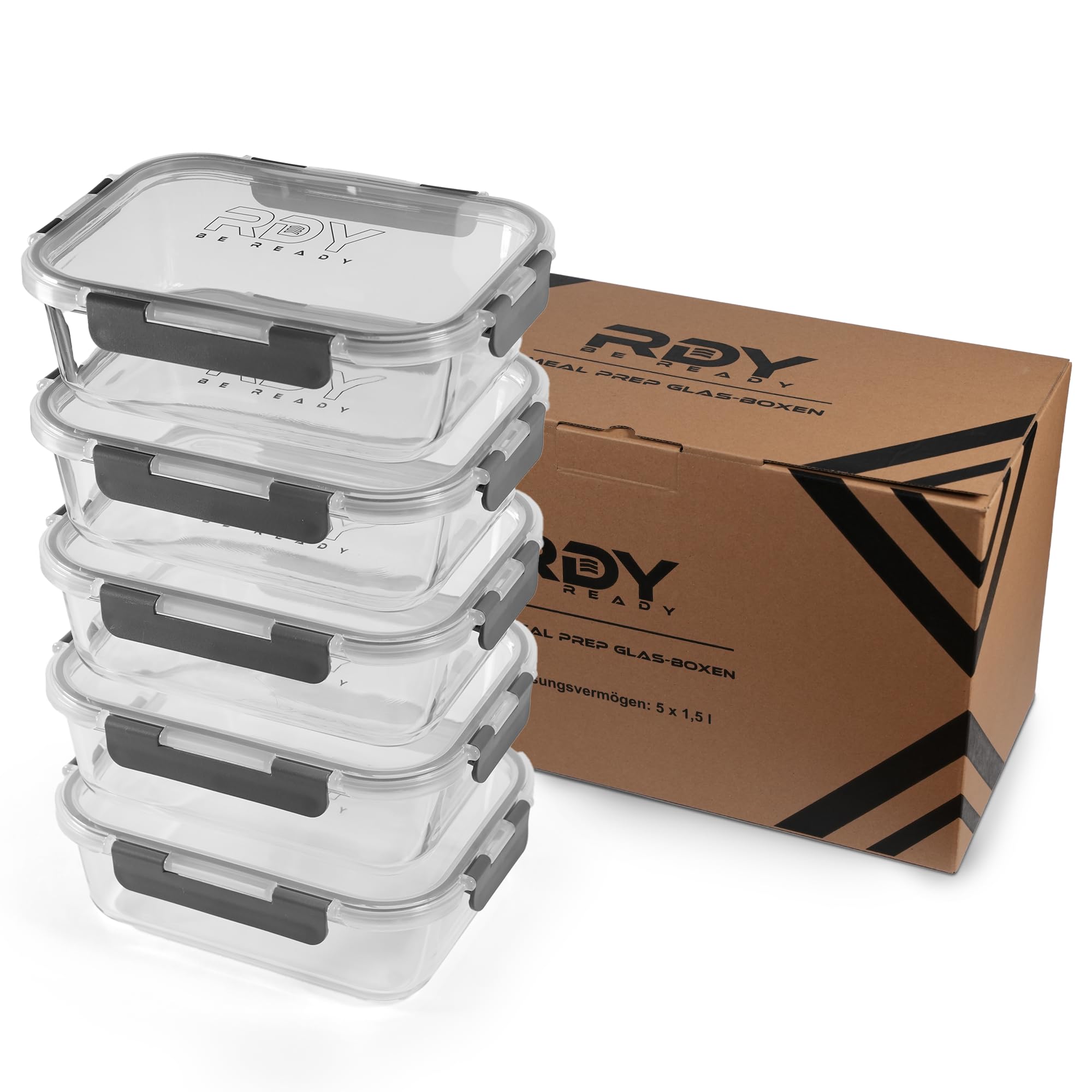 RDY® Meal Prep Set di 5 scatole in vetro ermetiche da 1500 ml, per forno a microonde, forno, congelatore, contenitori salvafreschezza con coperchio, senza BPA, lavabili in lavastoviglie