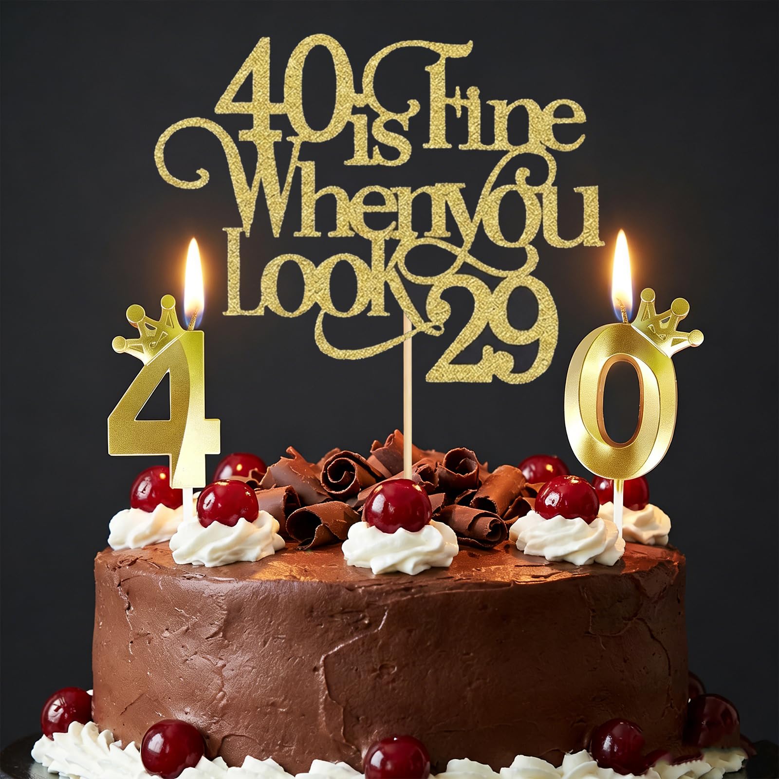 40th Birthday Candles Gold Glitter - Drip-Free Number 4 & 0 Candles Set with Crown Topper & '40 is Fine' Sign - Elegant Adult Party Decorations for Women & Men