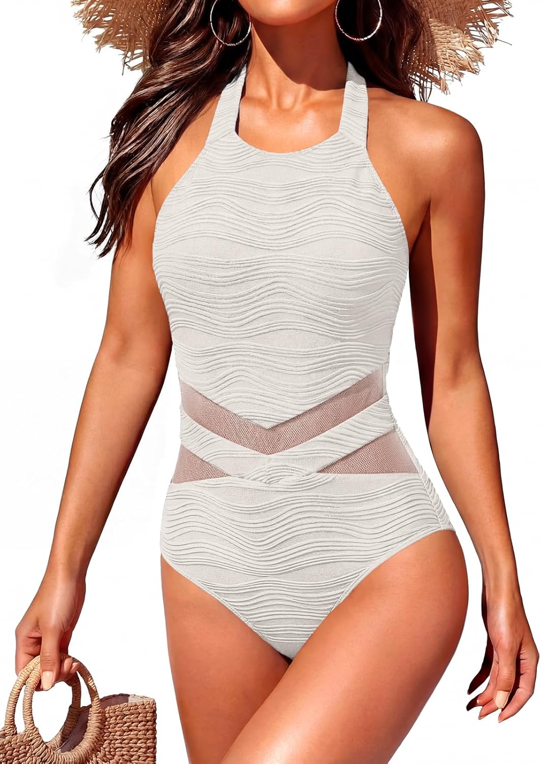 Women’s Tummy Control One Piece Swimsuit 2026- Mesh Push Up Slimming Halter High Neck Sexy Swimwear Cutout Design