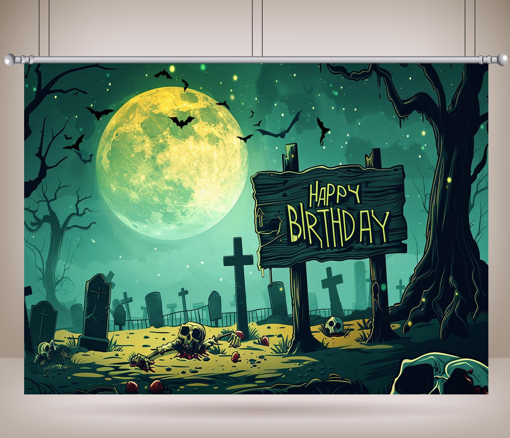 17x10FT (5.2x3m) Letrero Cumpleaños Cementerio Lunar Telón Fotográfico | Cementerio De Dibujos Fondo De Tela,Cartel De Madera Cruces Y Huesos,Fiesta Infantil,Retratos De Estudio,Photo Booth
