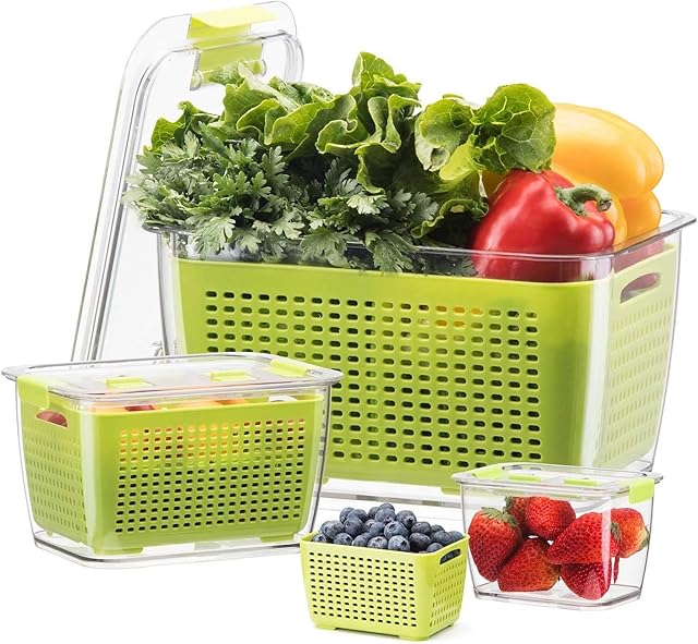 Luxear Fresh Food Storage Containers, 3 Pack Storage Container Set Keep Fresh For Fridge 4.5 L+1.7 L+0.5 L With Vents Lids, Vegetable Containers BPA Free For Fruit Salad in Refrigerator, Green