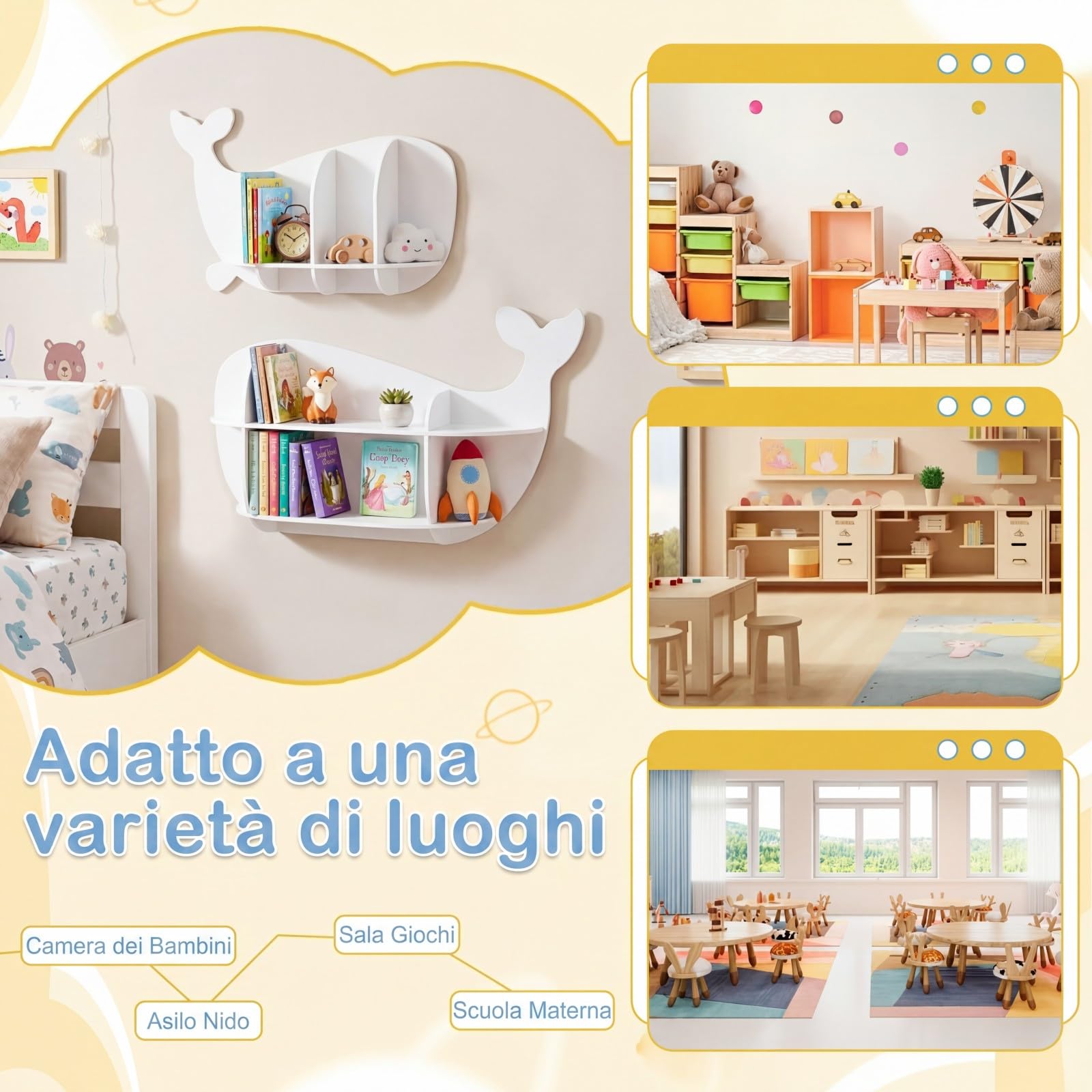 COSTWAY Set di 2 Mensole da Muro per Bambini a Forma di Balena in Legno | Libreria da Parete con Scomparti, Antiribaltamento e Bordo Protettivo, Decorazione per Cameretta, Soggiorno e Sala Giochi