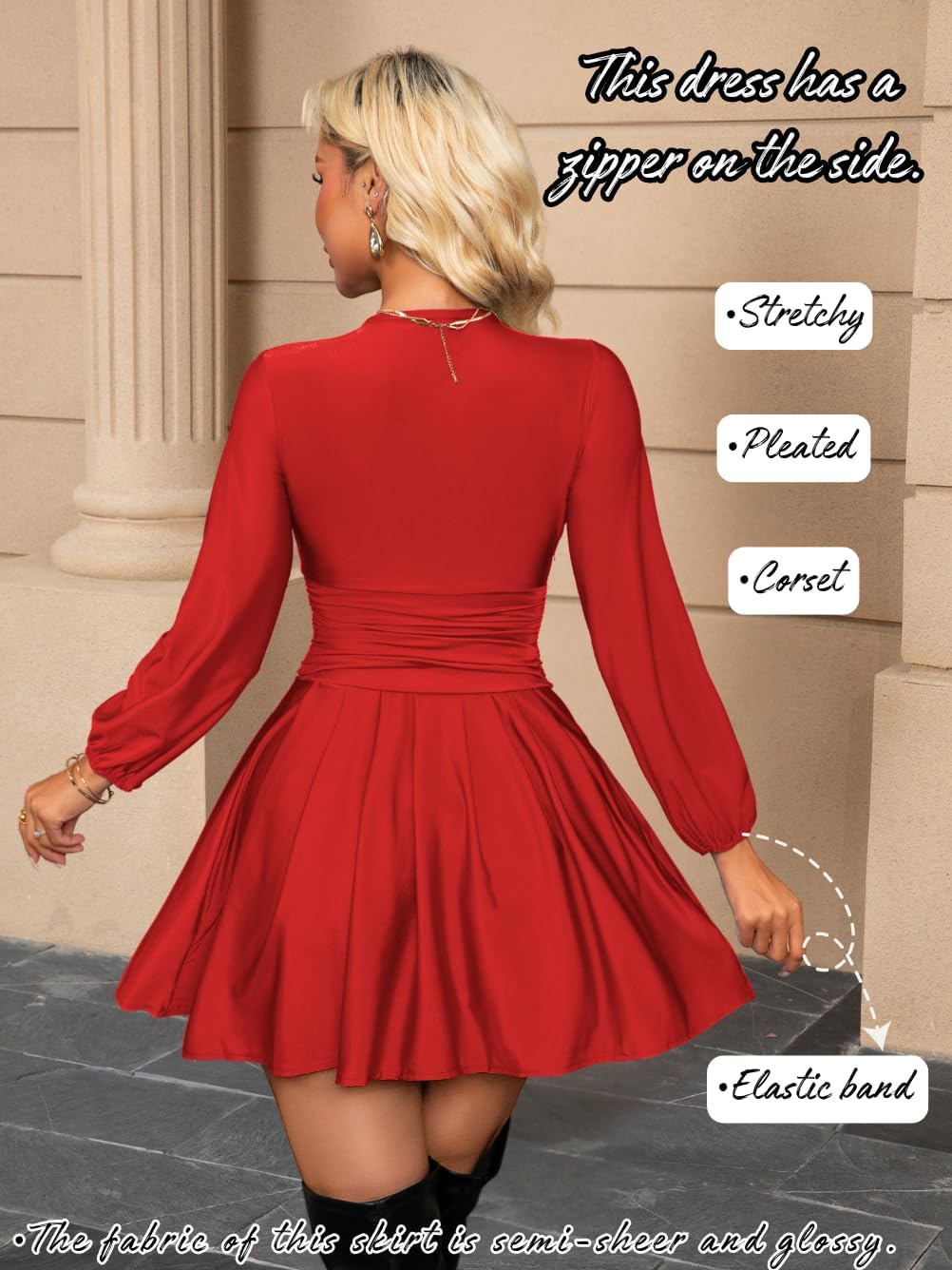 Pleated Mini Dress, V Neck A Line, Semi Formal Cocktail, Smocked Ruched Short Skater Dresses Date Night for Women - Image 3