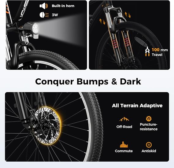 Jasion EB5 Electric Bike for Adults with Peak 1000W Brushless Motor, 40Miles 20MPH Commuting Electric Mountain Bike with 500Wh Removable Battery, 7-Speed, 26 Tires and Front Fork Suspension