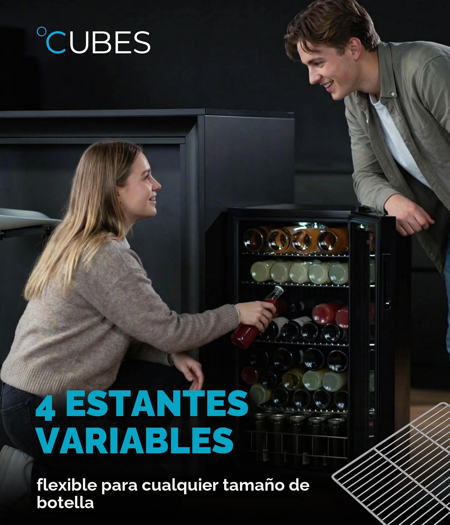 °CUBES Frigorífico para bebidas BAR 90L, frigorífico con puerta de cristal, con 4 estantes
