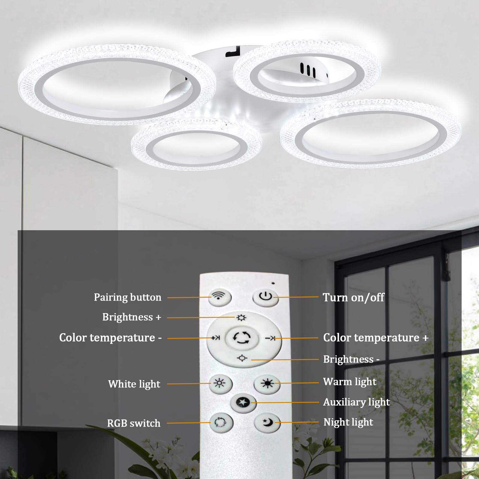 Lámpara de Techo Led Inteligente Moderna con Control Remoto y App, 48W Ceiling Lamp Regulable, 3 Temperaturas de Color, Modo Memoria y Timer, Para Dormitorios, Salones y Cocinas, Blanco