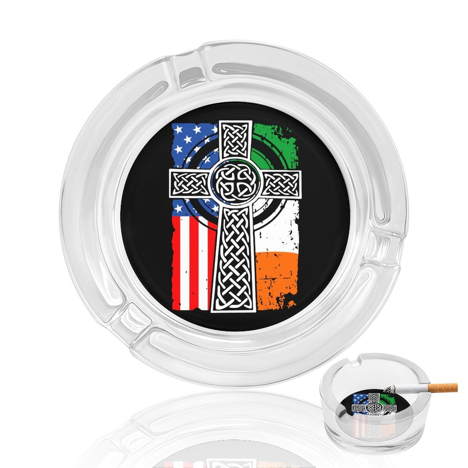 Irish Americans-USA Flag Celtic Crosss-Stpatrick's Day Ashtray Portable Round Glass Outdoor Ash Tray for Home Office Garden Pub