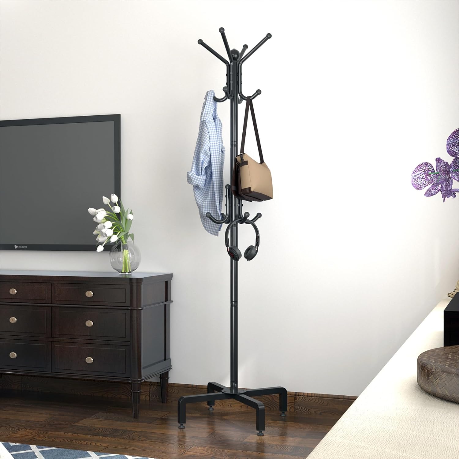 PSHUN RIGH/Kertnic 12-Hook Freestanding Metal Coat Rack: Universal for Entryway, Hallway, Bedroom & Office - Stylish Storage Rack for Coats, Hats, Scarves & Bags (Black)