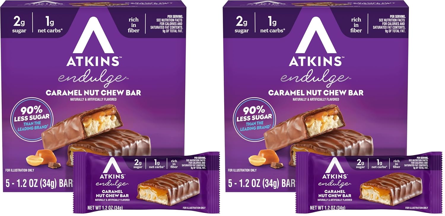 Atkins Endulge Caramel Nut Chew Bar, Dessert Favorite, 1g Sugar, Good Source of Fiber, 5 Count (Pack of 2)