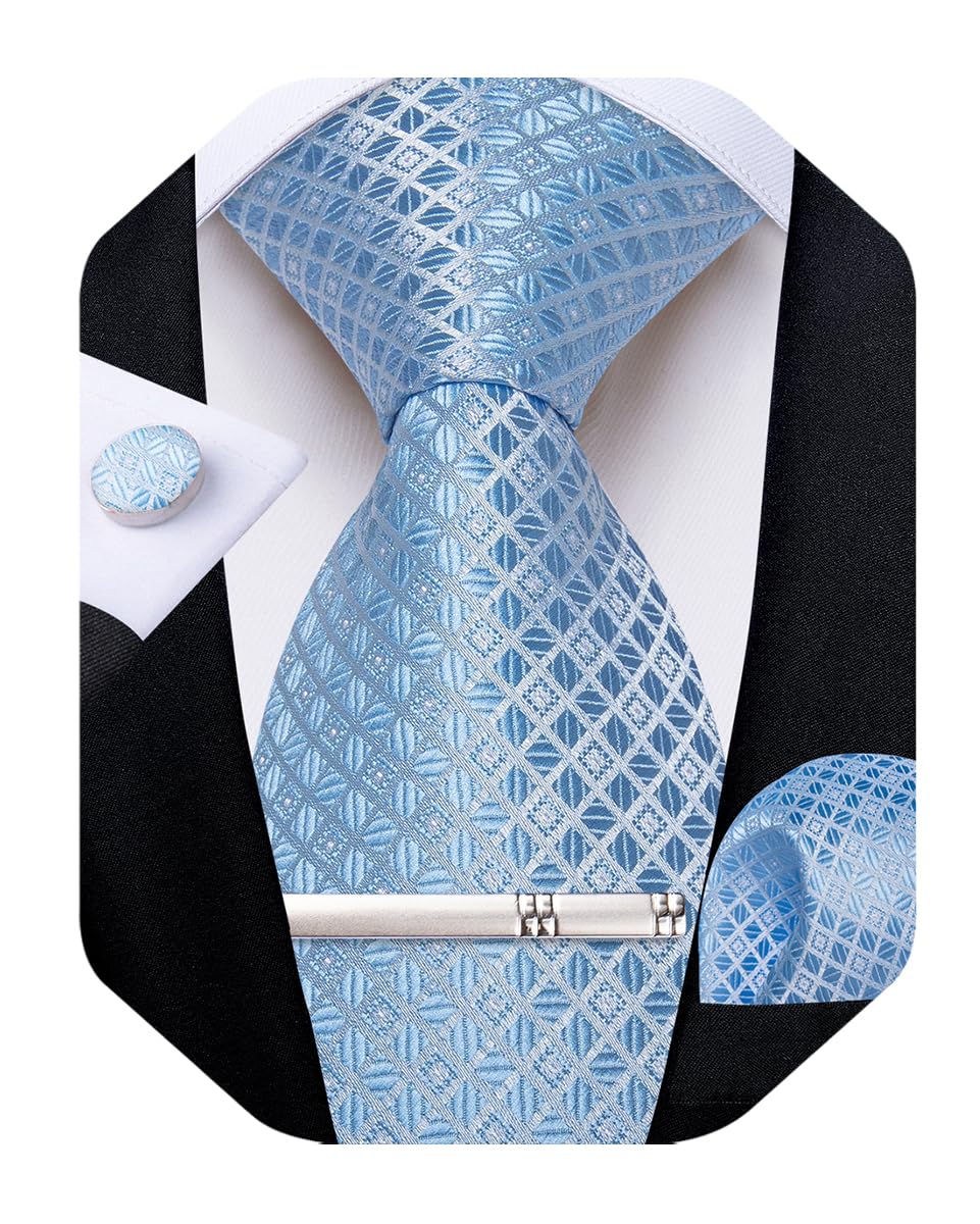 DiBanGu Mens Silk Plaid Tie and Pocket Square Set | Elegant Silk Formal Tie Set, Woven Check Necktie and Cufflinks Tie Clip Set, Perfect for Wedding Party, Comes in Gift Box