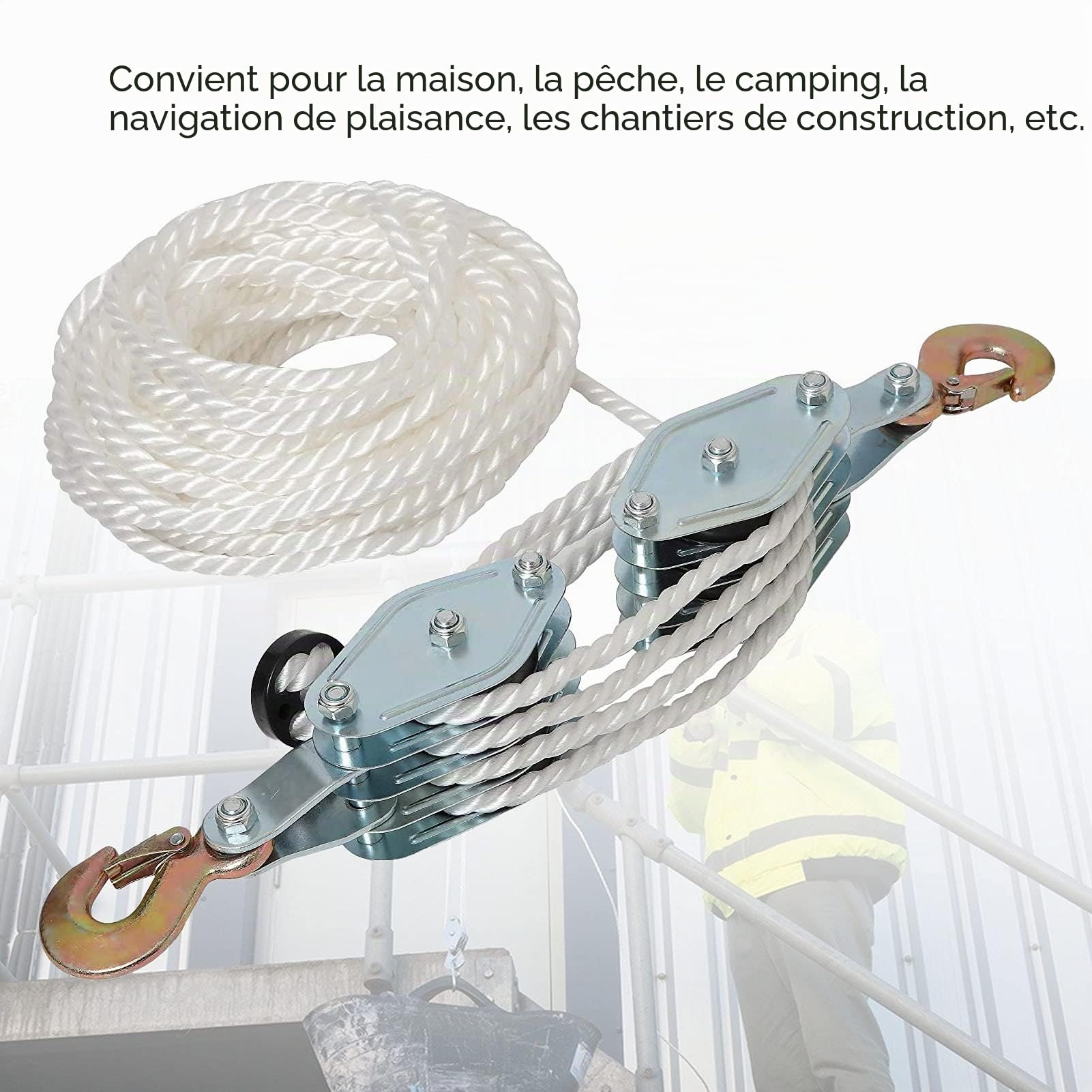 Palan à 4 Voies, Hauteur 2,5 m, Charge Max 2000 kg, câble et Corde en Nylon, poulie de Levage avec Crochet en Acier galvanisé