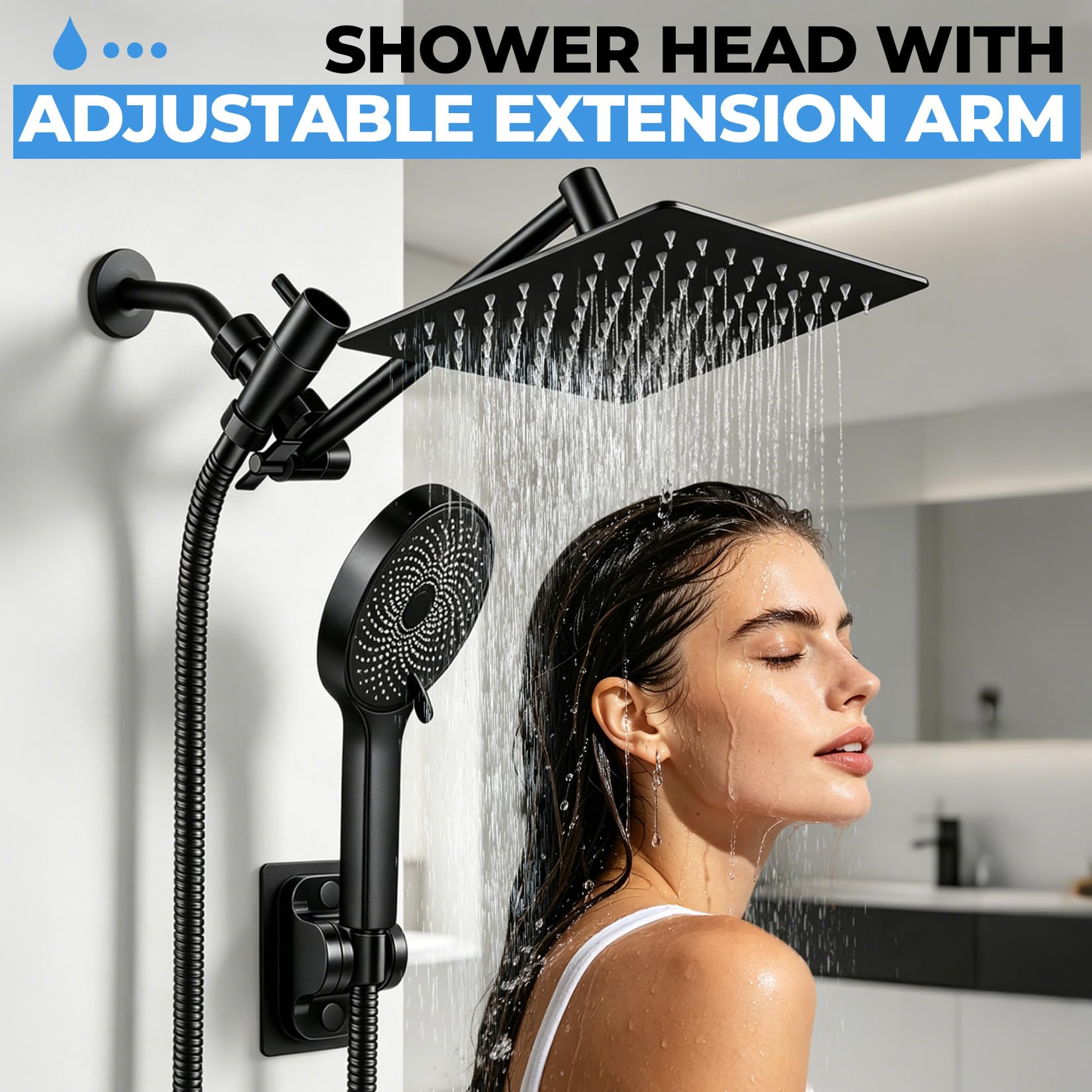 Cabezal de ducha, cabezal de ducha multifunción de alta presión de 8 pulgadas con rociador de mano, brazo de extensión ajustable de ángulo de 11 pulgadas, regulador de flujo/sistema de ducha, negro