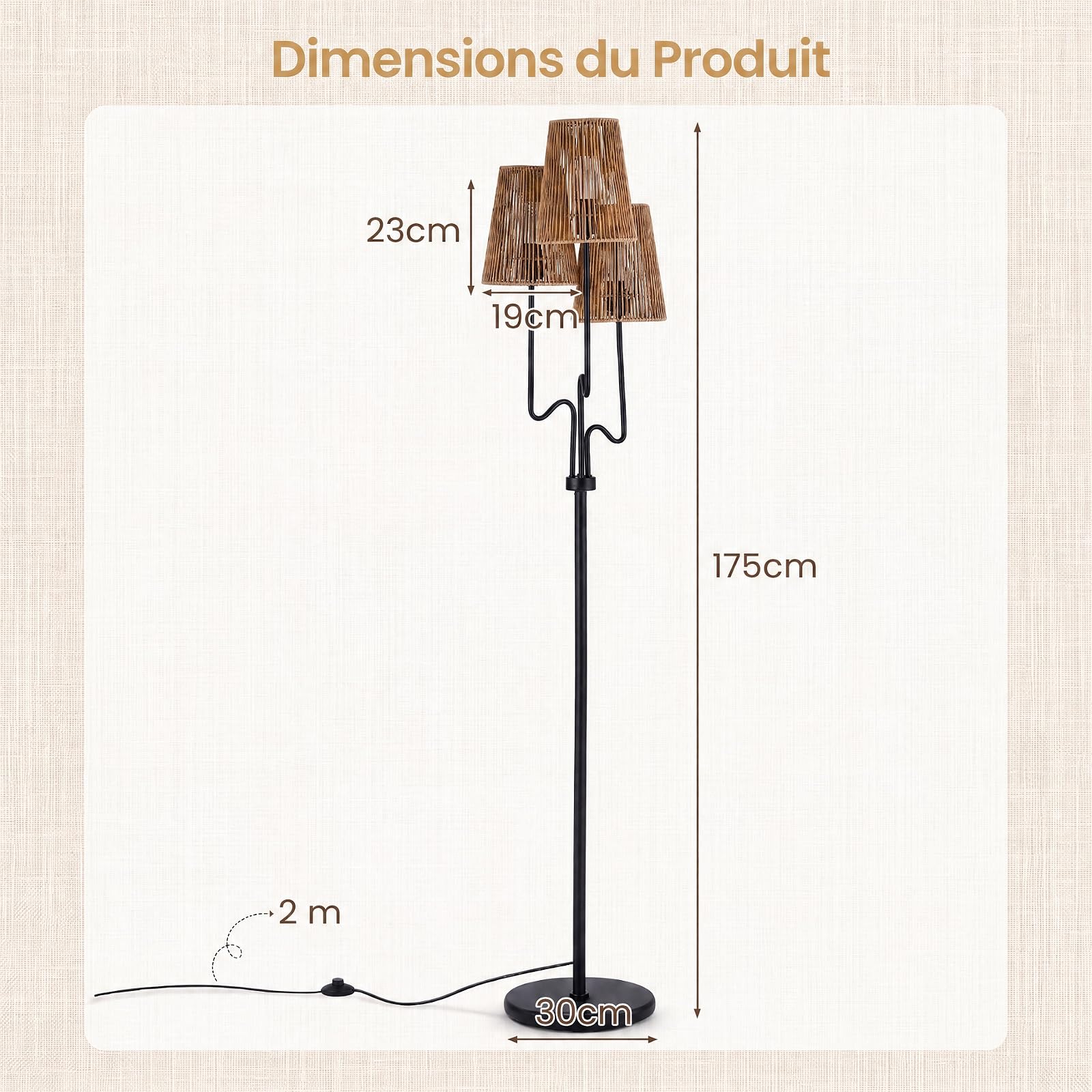 RELAX4LIFE Lampadaire sur Pied à 3 Lampes 175 CM avec Abat-Jours Tressés